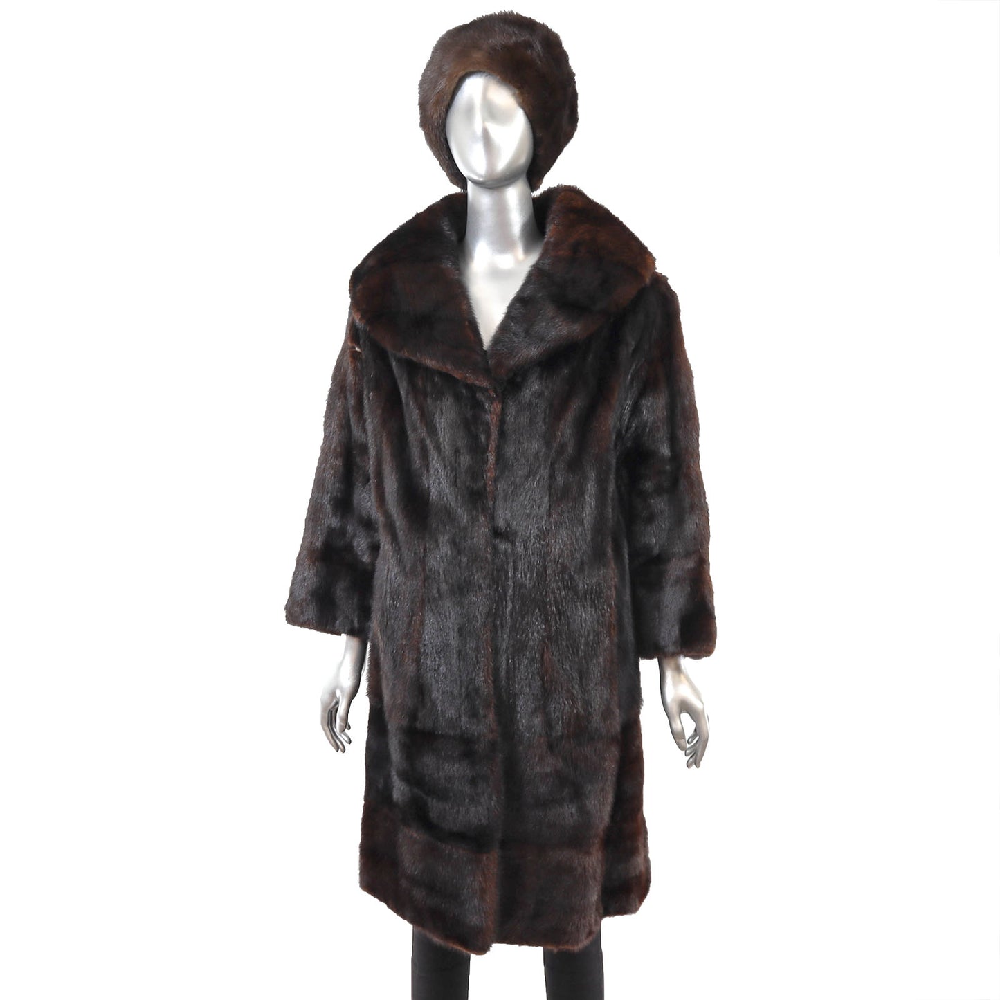 Dark Brown Mink 3/4 Coat with Matching Hat- Size L