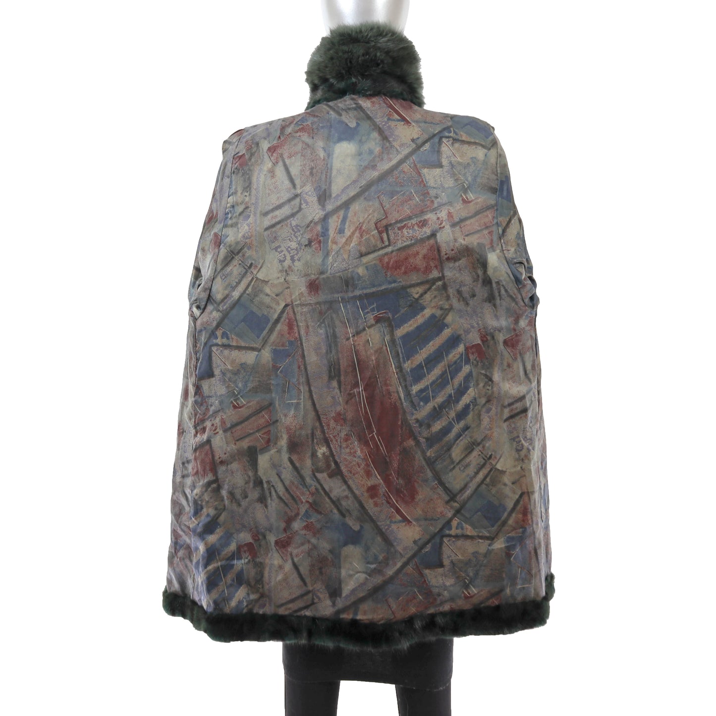 Animal Printed Dyed Green Mink Coat with Fox Trim- Size L