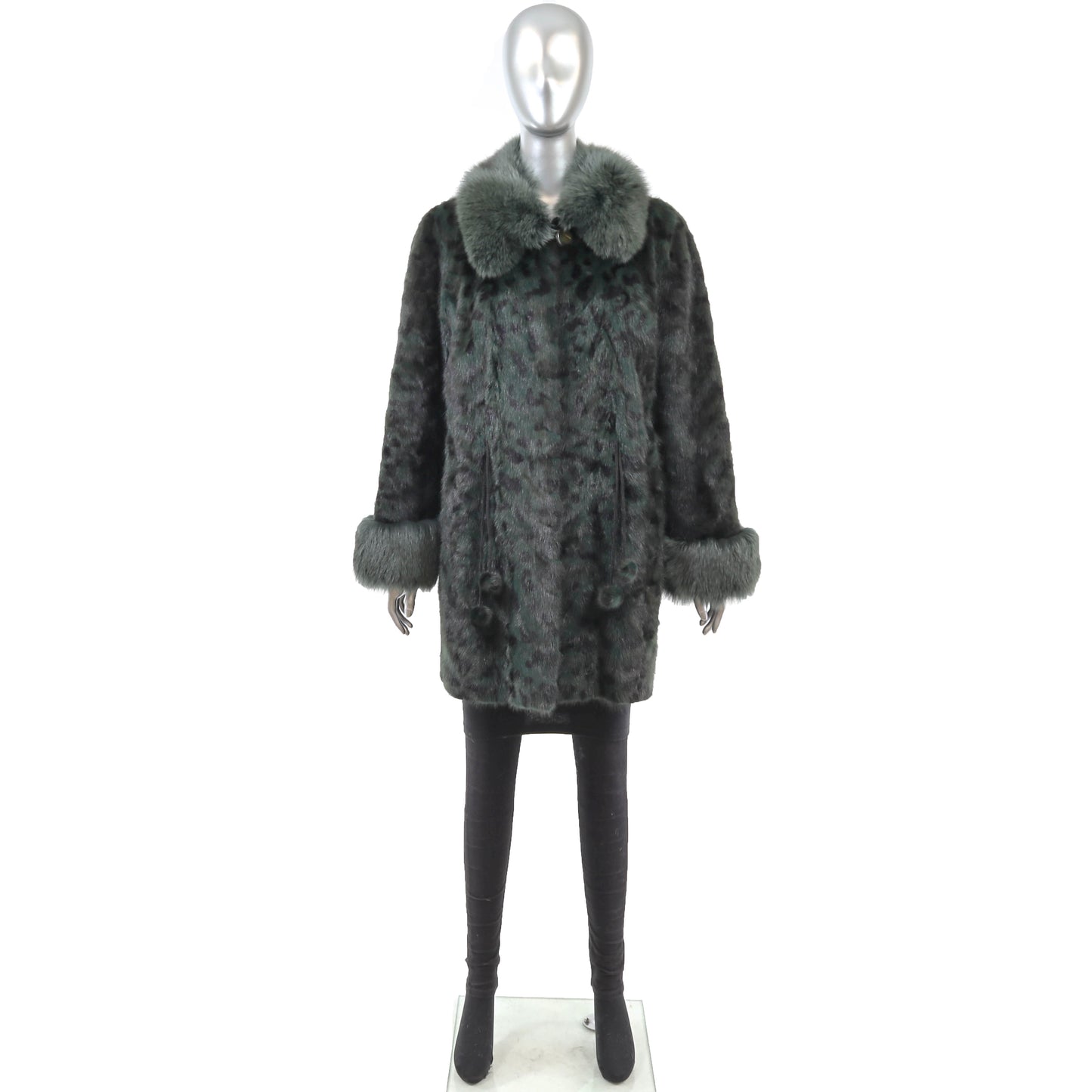 Animal Printed Dyed Green Mink Coat with Fox Trim- Size L