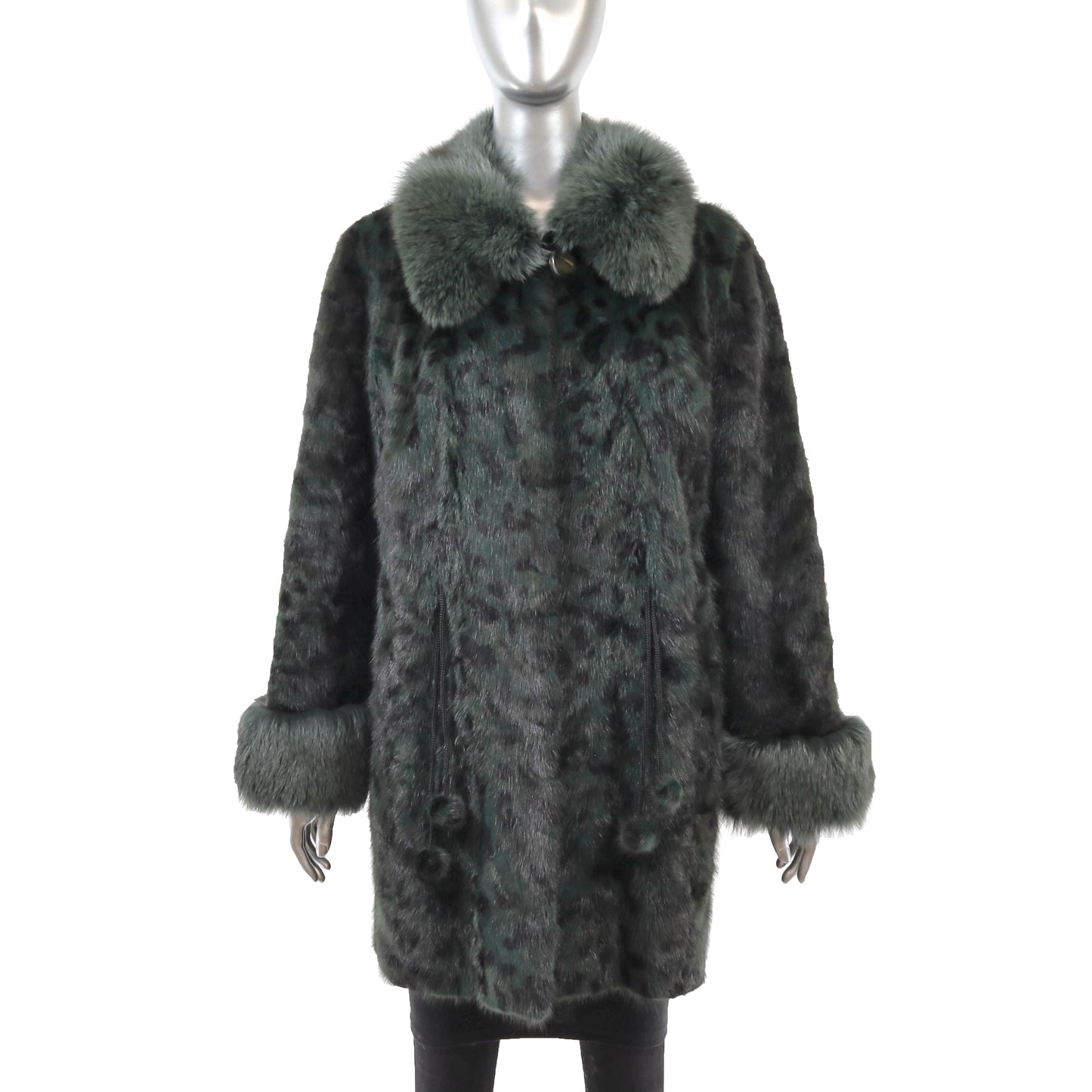 Animal Printed Dyed Green Mink Coat with Fox Trim- Size L