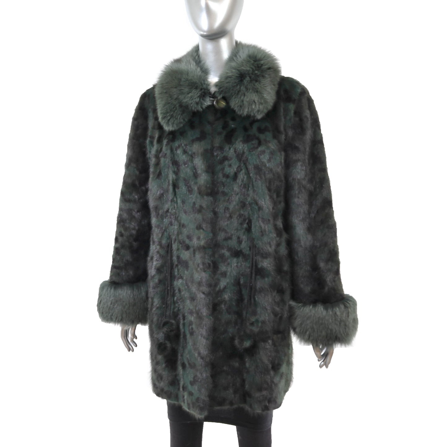 Animal Printed Dyed Green Mink Coat with Fox Trim- Size L