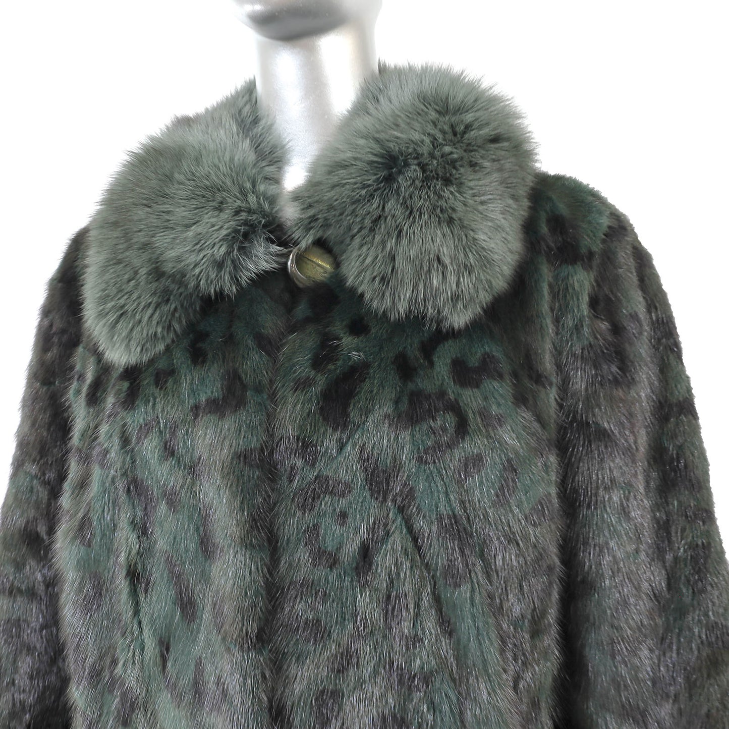 Animal Printed Dyed Green Mink Coat with Fox Trim- Size L