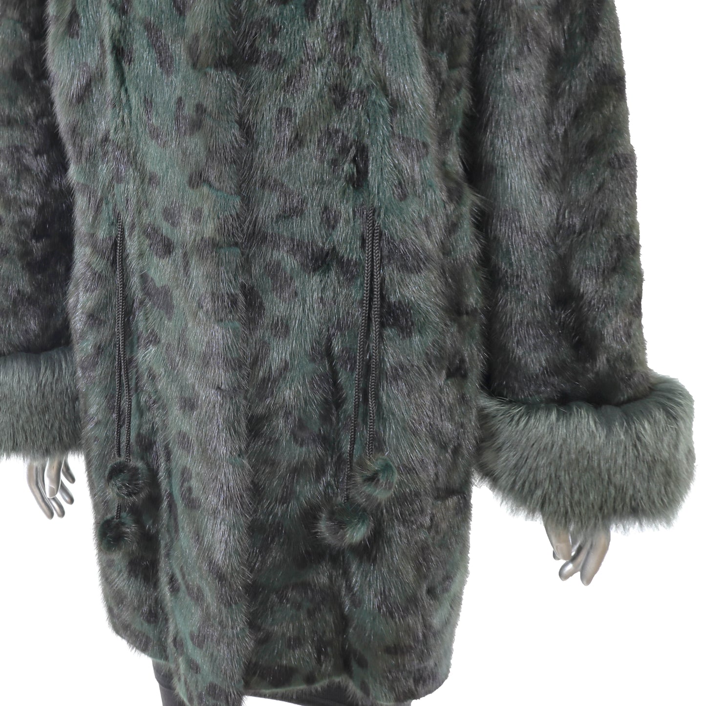 Animal Printed Dyed Green Mink Coat with Fox Trim- Size L
