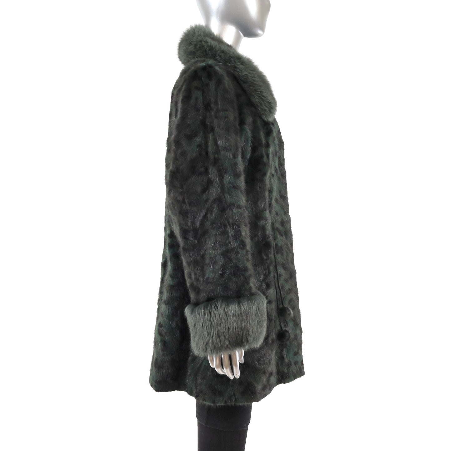 Animal Printed Dyed Green Mink Coat with Fox Trim- Size L