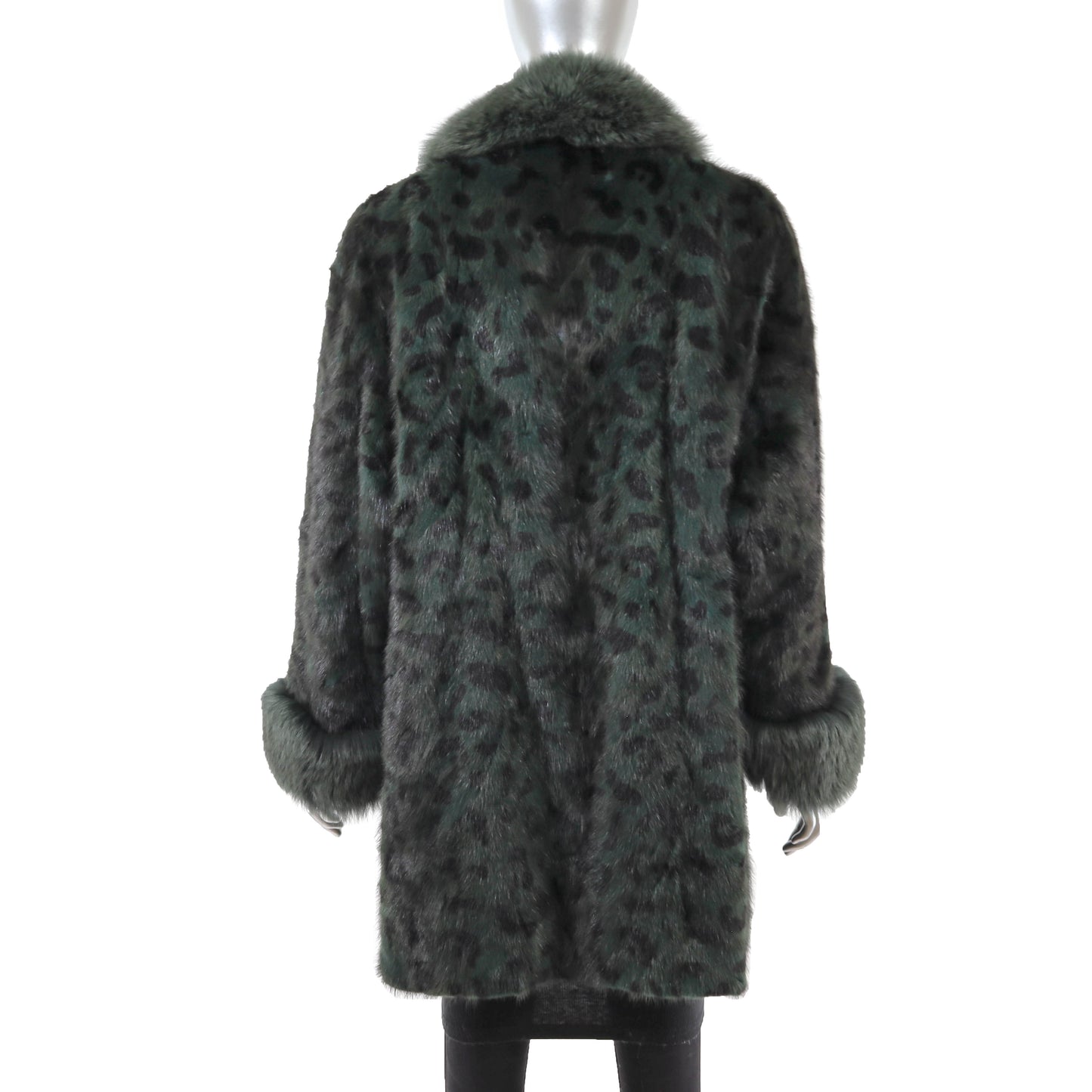 Animal Printed Dyed Green Mink Coat with Fox Trim- Size L