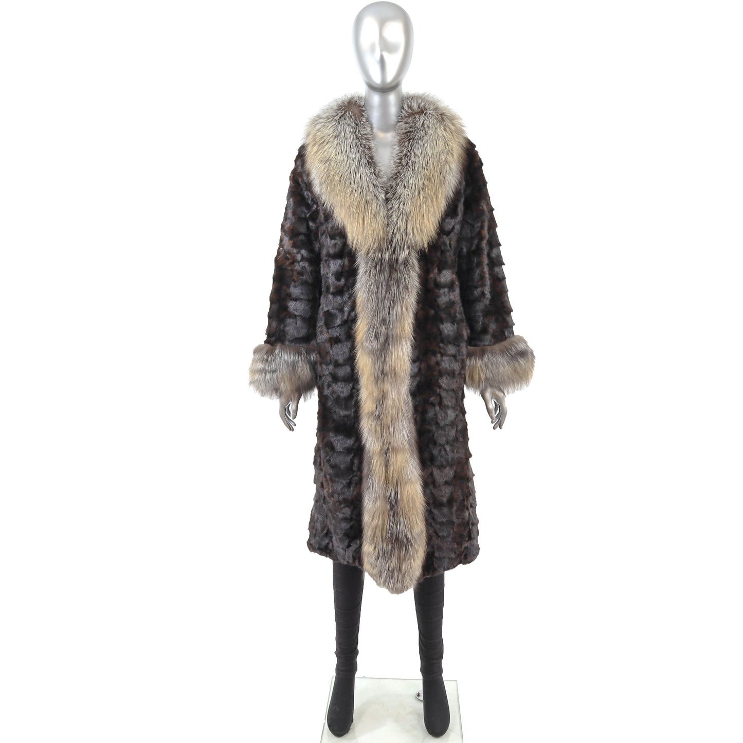 Brown Section Mink Coat with Fox Trim- Size S