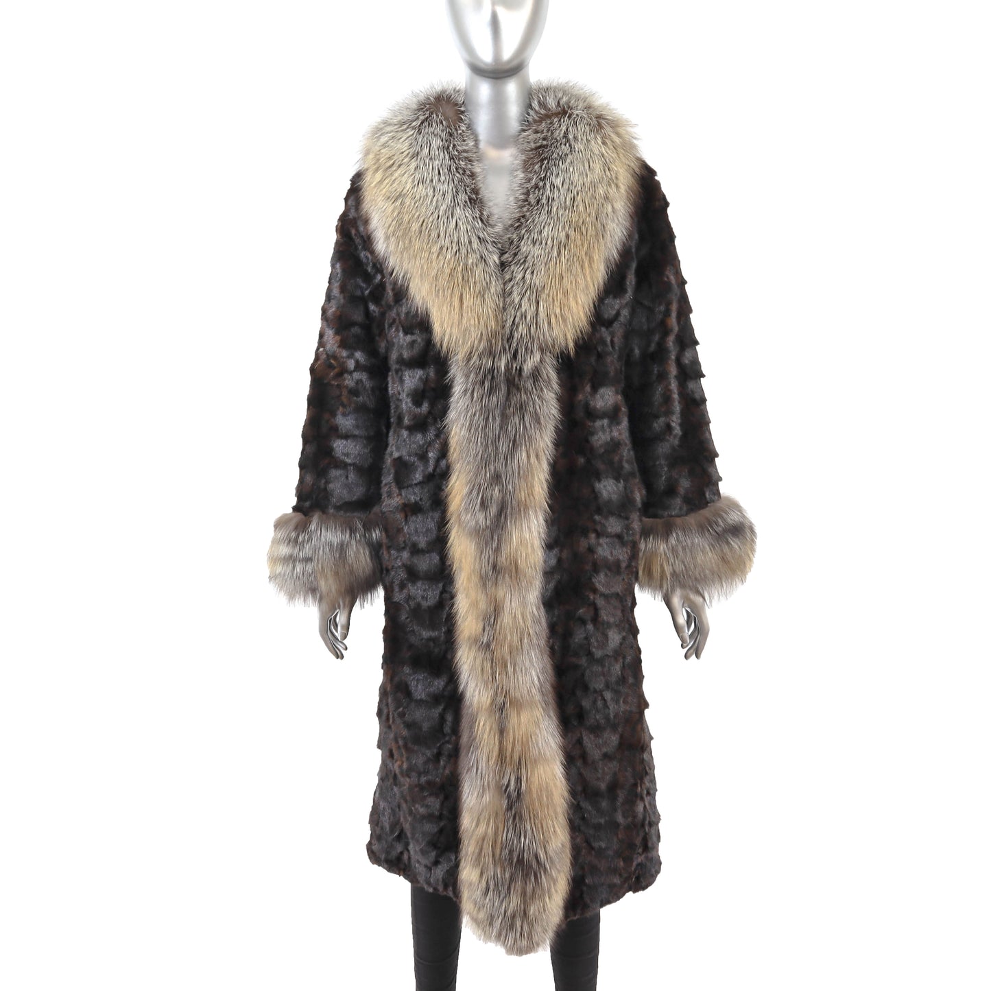 Brown Section Mink Coat with Fox Trim- Size S