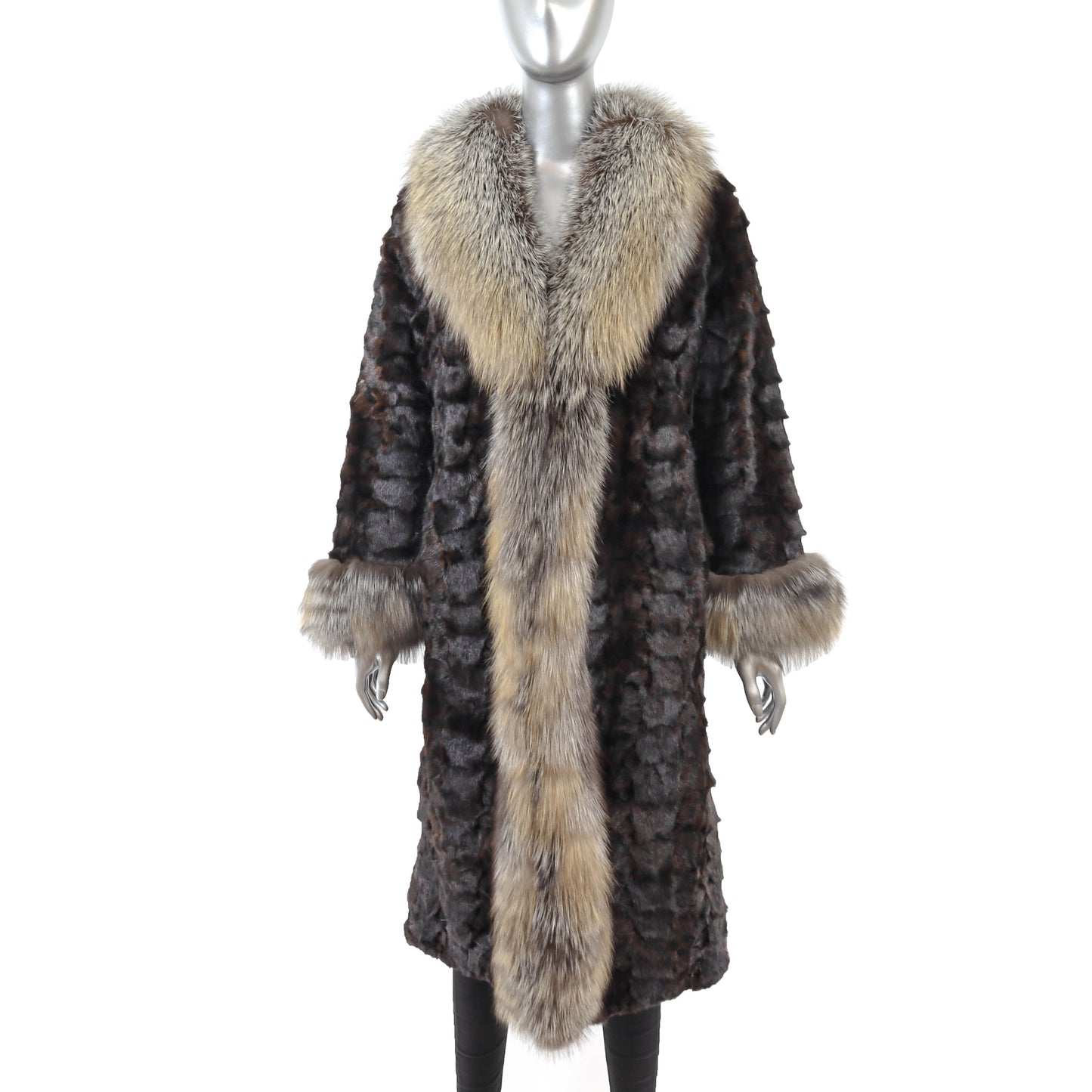 Brown Section Mink Coat with Fox Trim- Size S