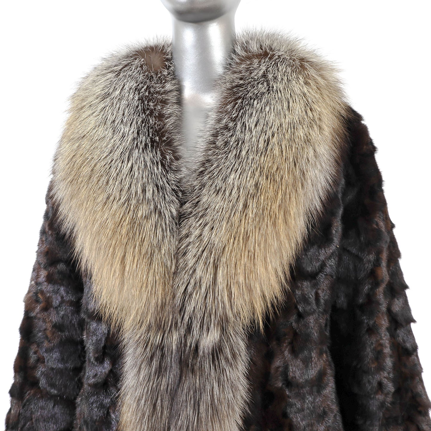 Brown Section Mink Coat with Fox Trim- Size S