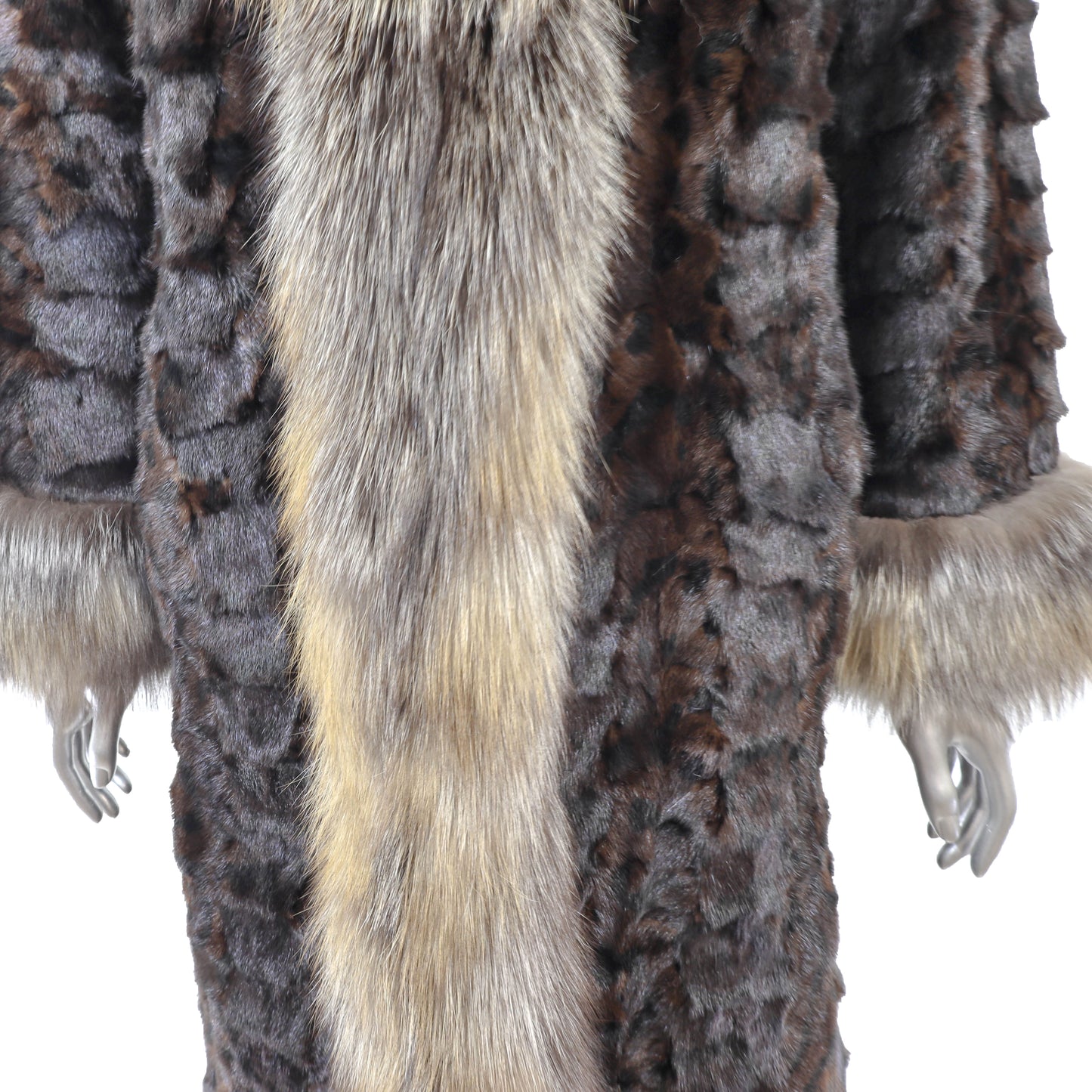 Brown Section Mink Coat with Fox Trim- Size S