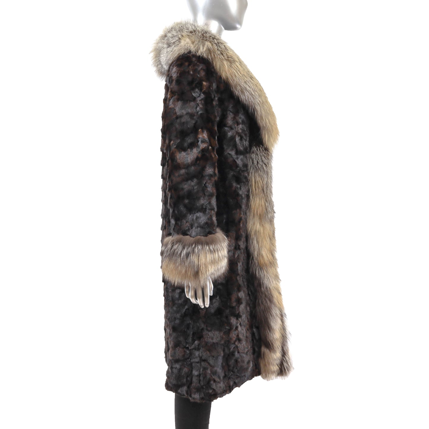 Brown Section Mink Coat with Fox Trim- Size S