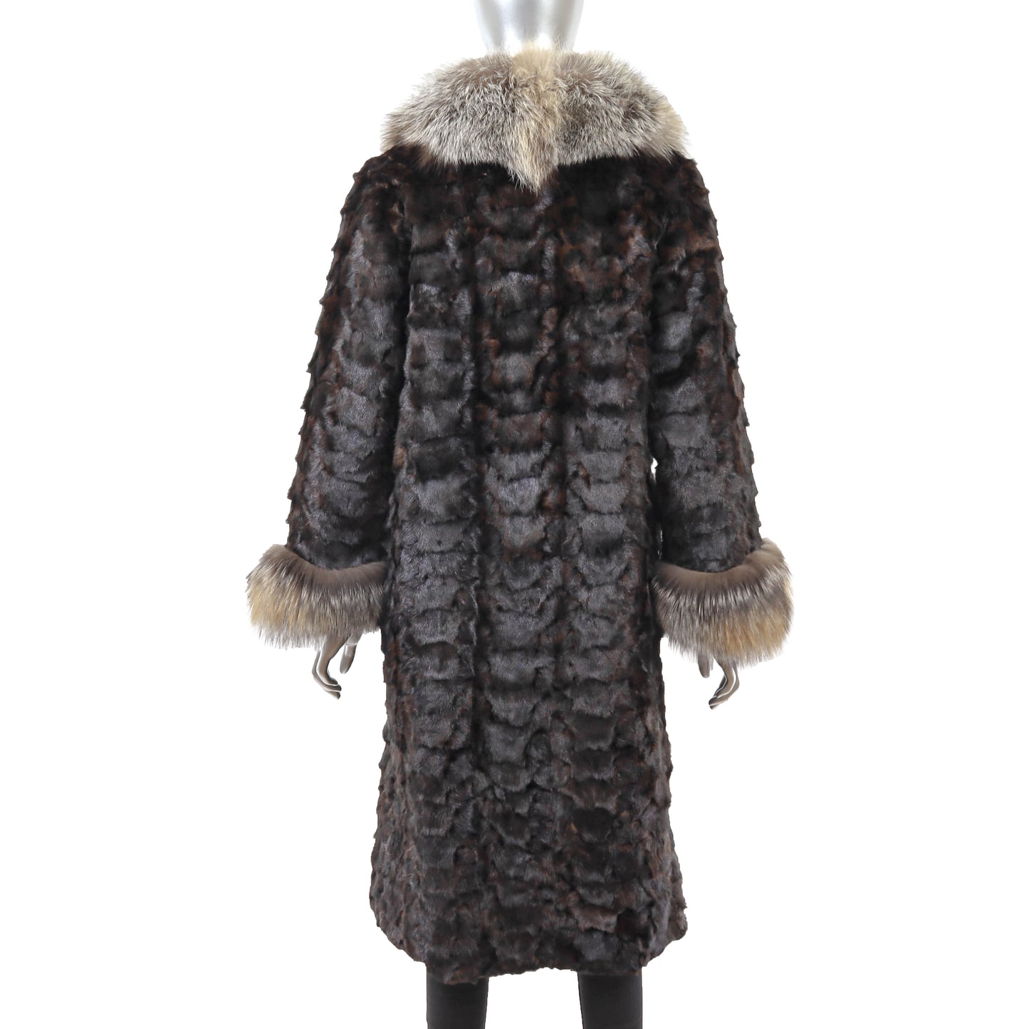 Brown Section Mink Coat with Fox Trim- Size S