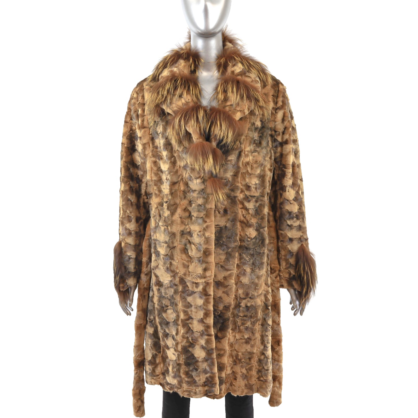 Whiskey Section Semi Sheared Mink Coat with Fox Trim- Size M