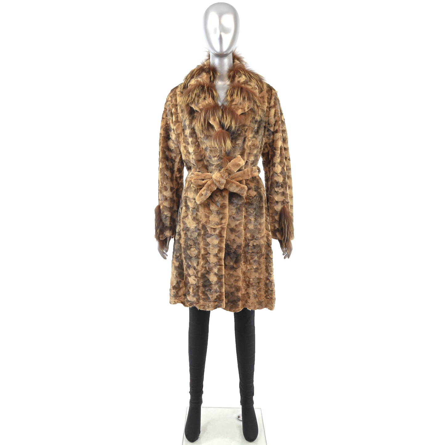 Whiskey Section Semi Sheared Mink Coat with Fox Trim- Size M