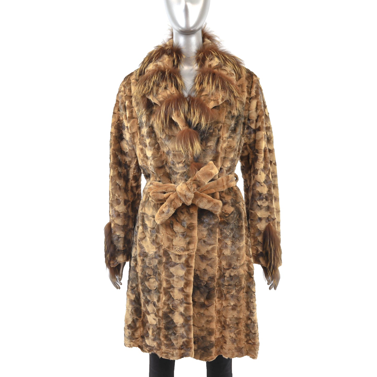 Whiskey Section Semi Sheared Mink Coat with Fox Trim- Size M