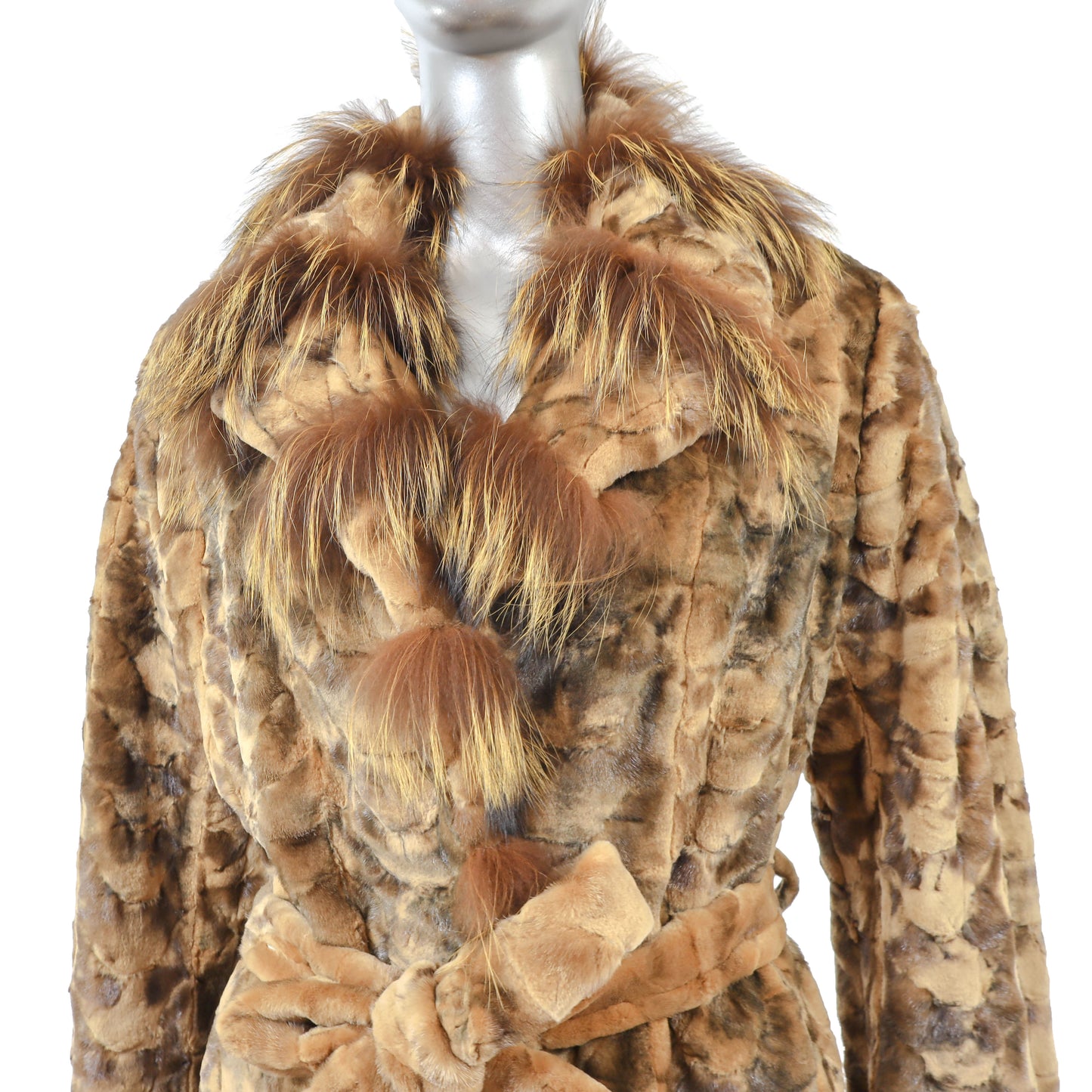 Whiskey Section Semi Sheared Mink Coat with Fox Trim- Size M