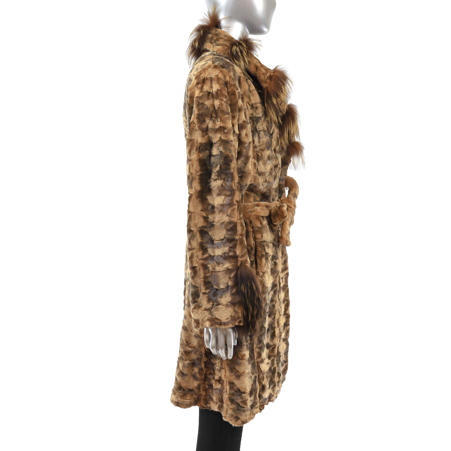 Whiskey Section Semi Sheared Mink Coat with Fox Trim- Size M