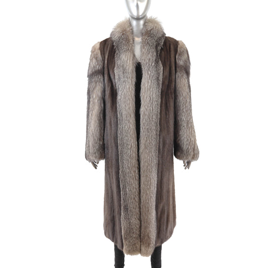 Brown Mink Coat with Silver Fox Tuxedo and Sleeves- Size L