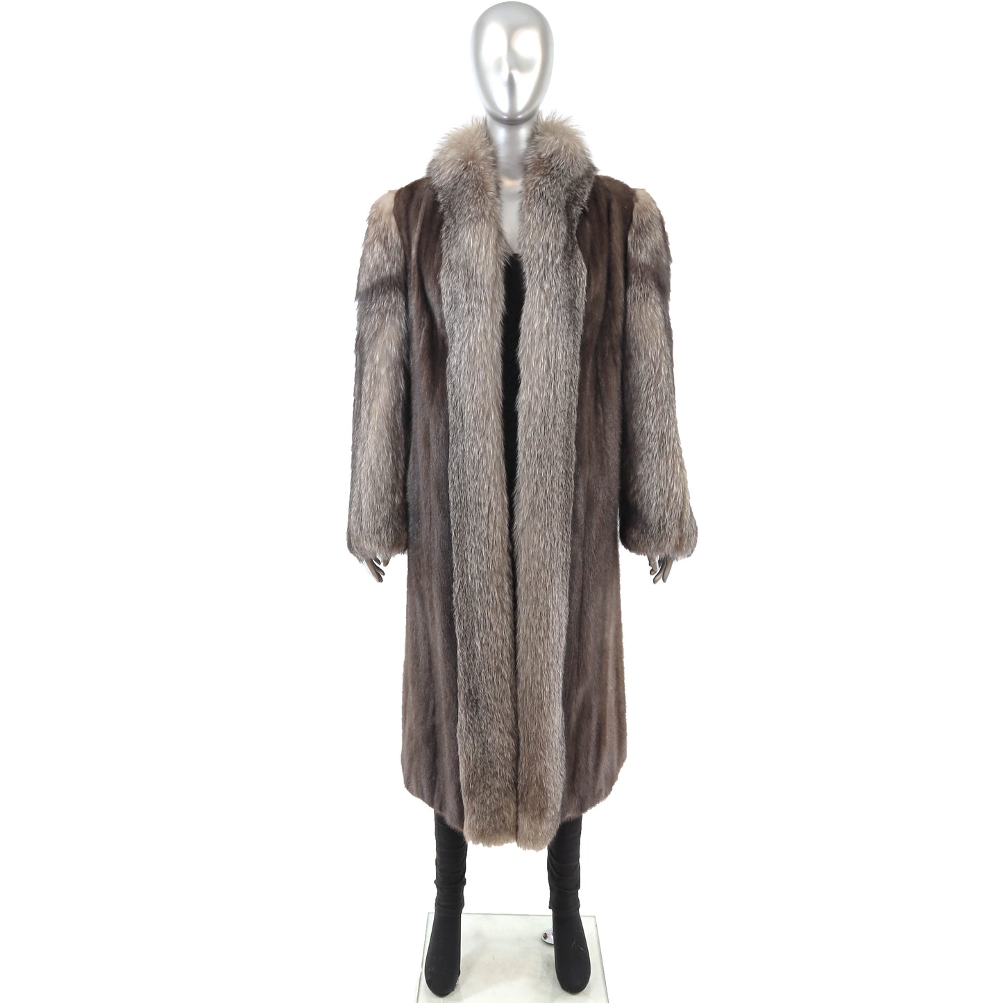 Brown Mink Coat with Silver Fox Tuxedo and Sleeves- Size L
