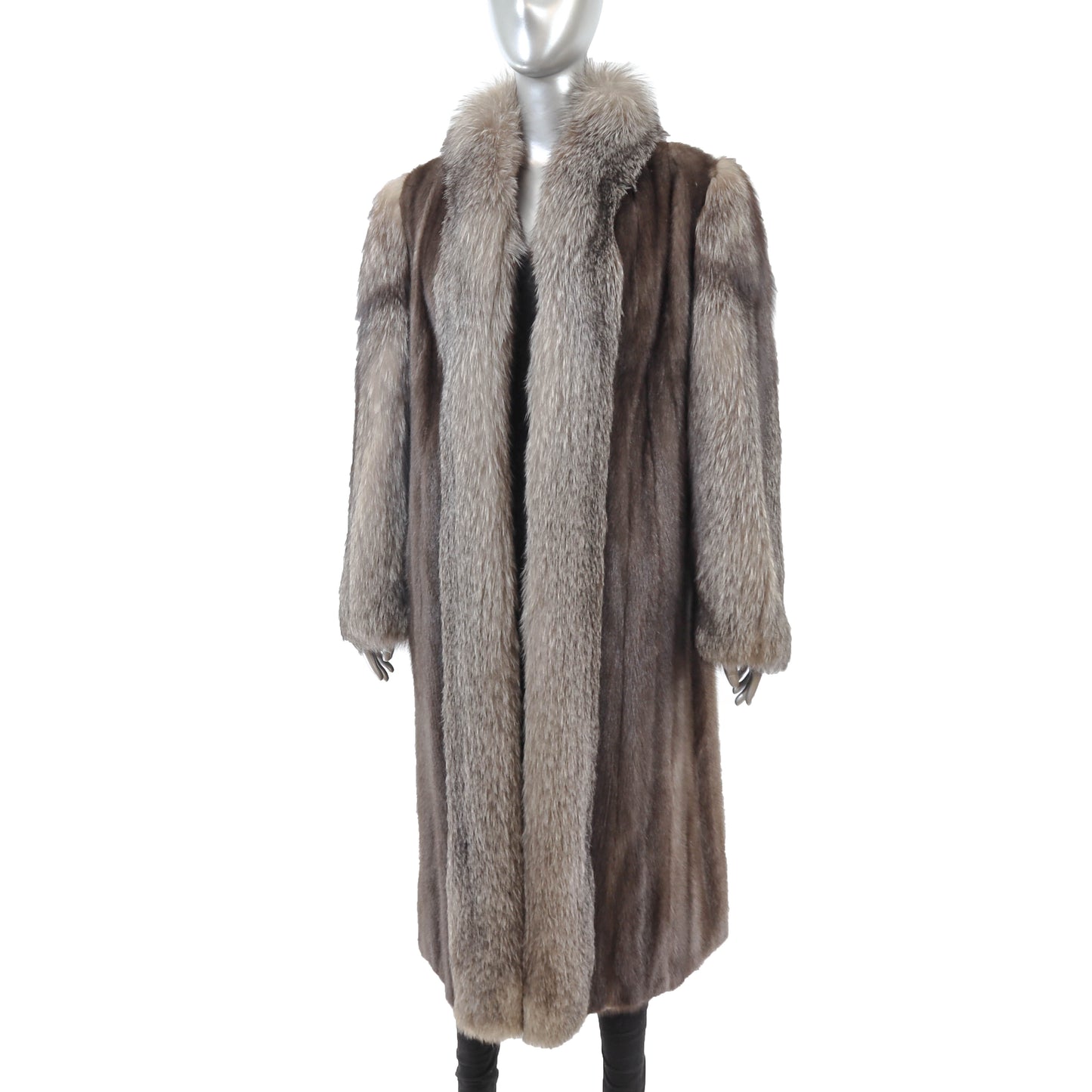 Brown Mink Coat with Silver Fox Tuxedo and Sleeves- Size L