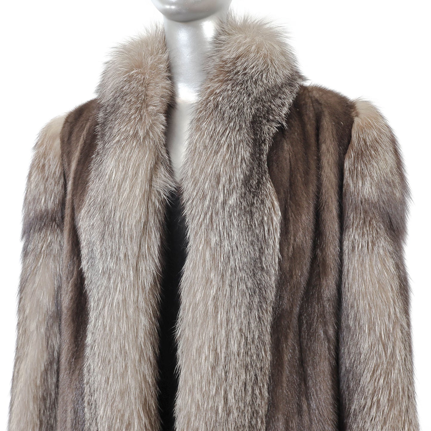 Brown Mink Coat with Silver Fox Tuxedo and Sleeves- Size L