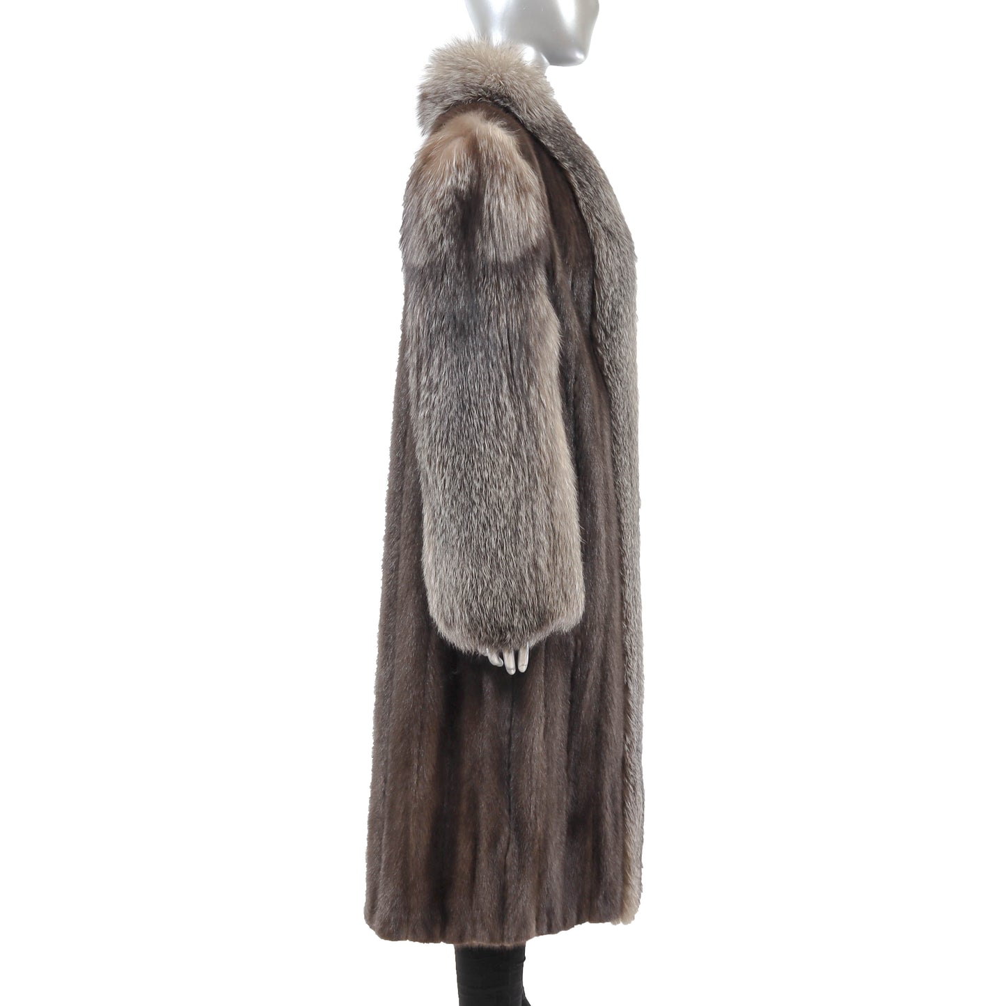 Brown Mink Coat with Silver Fox Tuxedo and Sleeves- Size L
