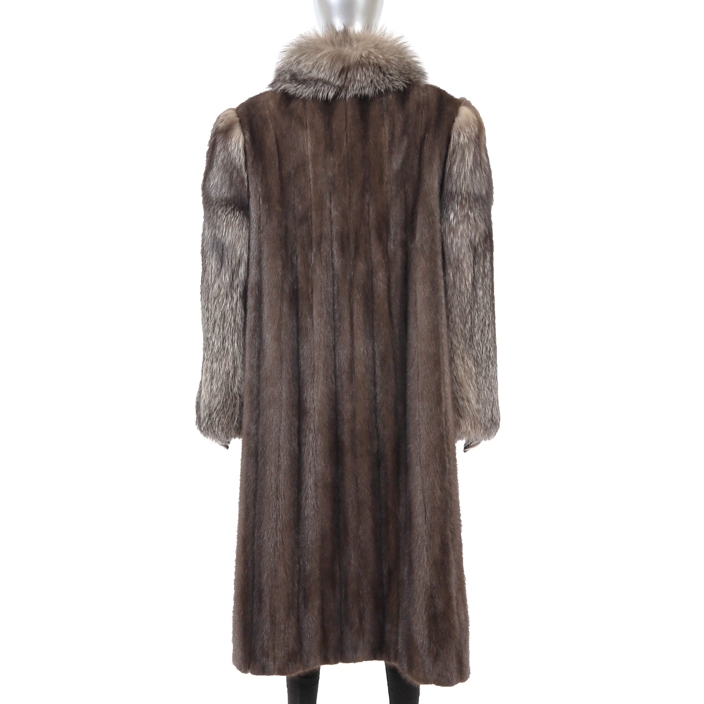 Brown Mink Coat with Silver Fox Tuxedo and Sleeves- Size L