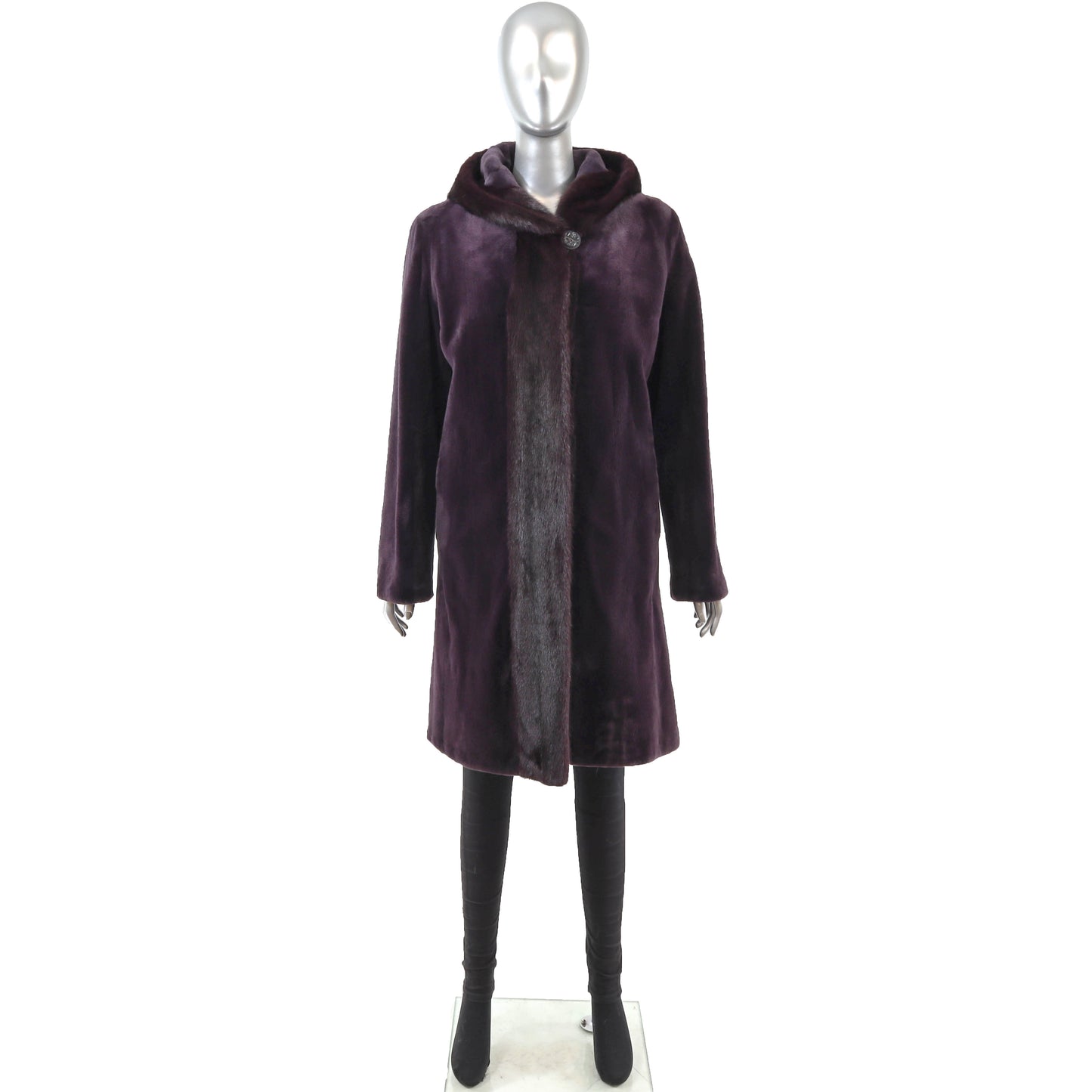 Wine Sheared Hooded Reversible Mink Coat- Size S-M