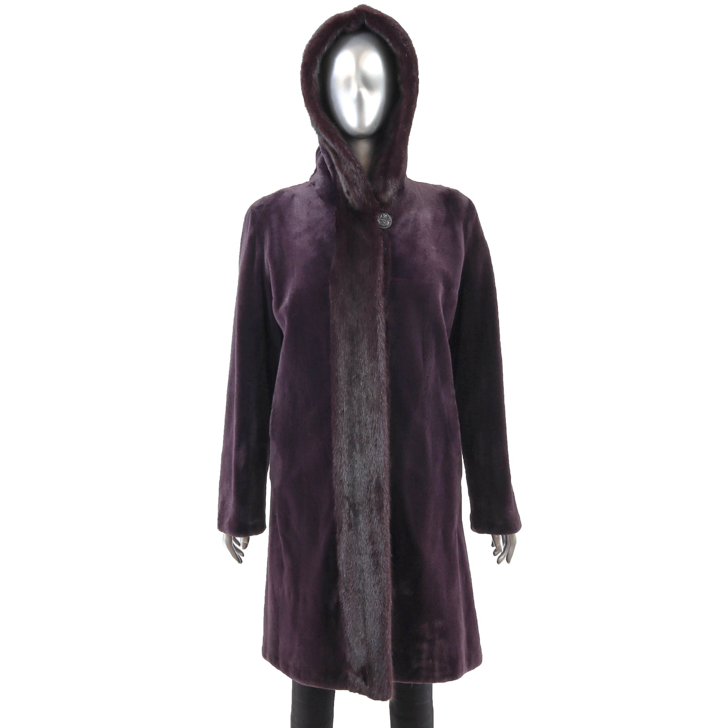 Wine Sheared Hooded Reversible Mink Coat- Size S-M