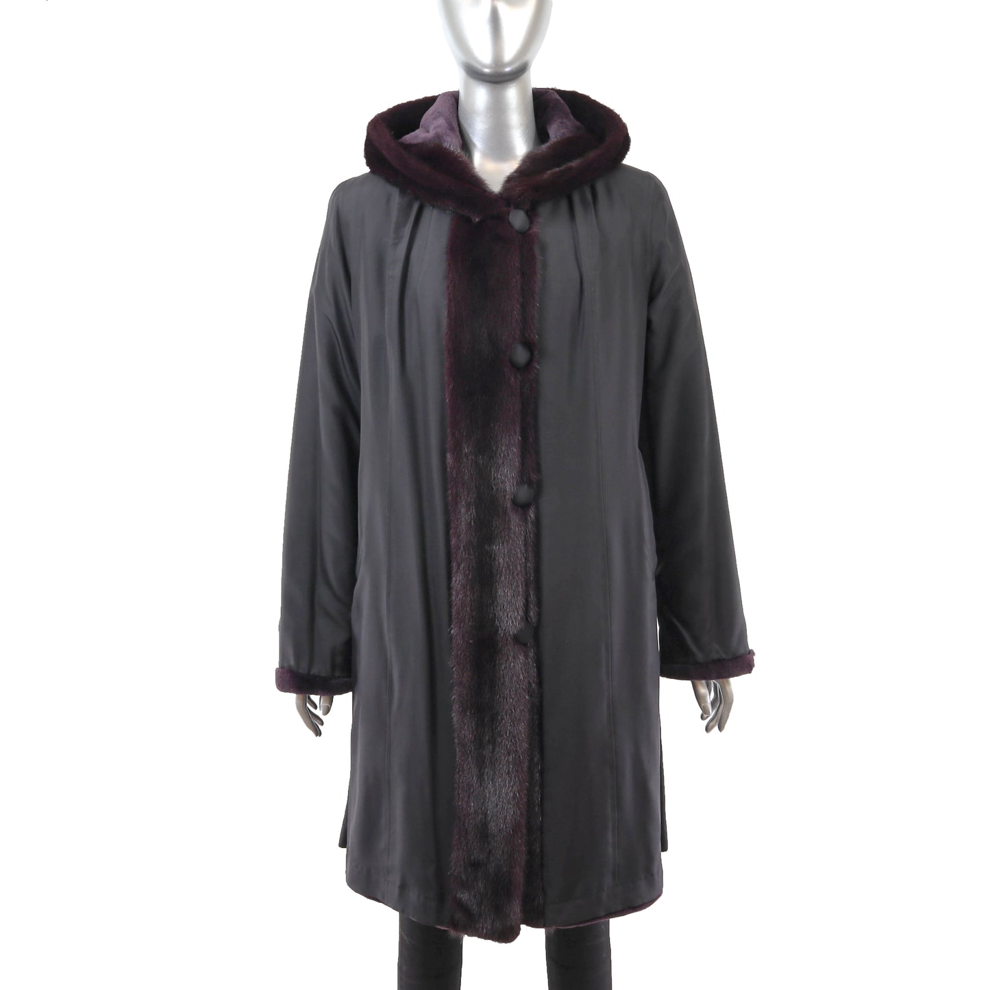 Wine Sheared Hooded Reversible Mink Coat- Size S-M