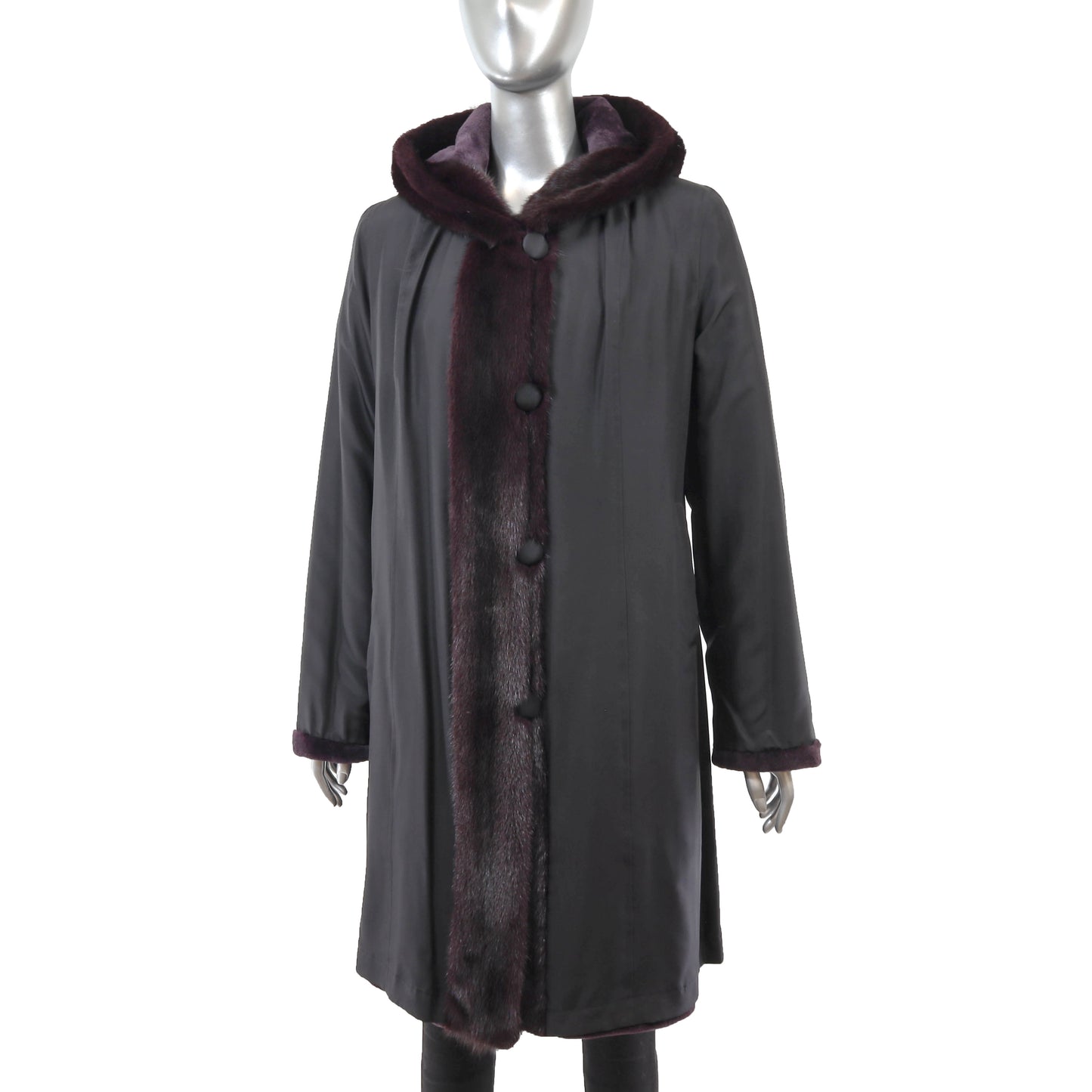 Wine Sheared Hooded Reversible Mink Coat- Size S-M