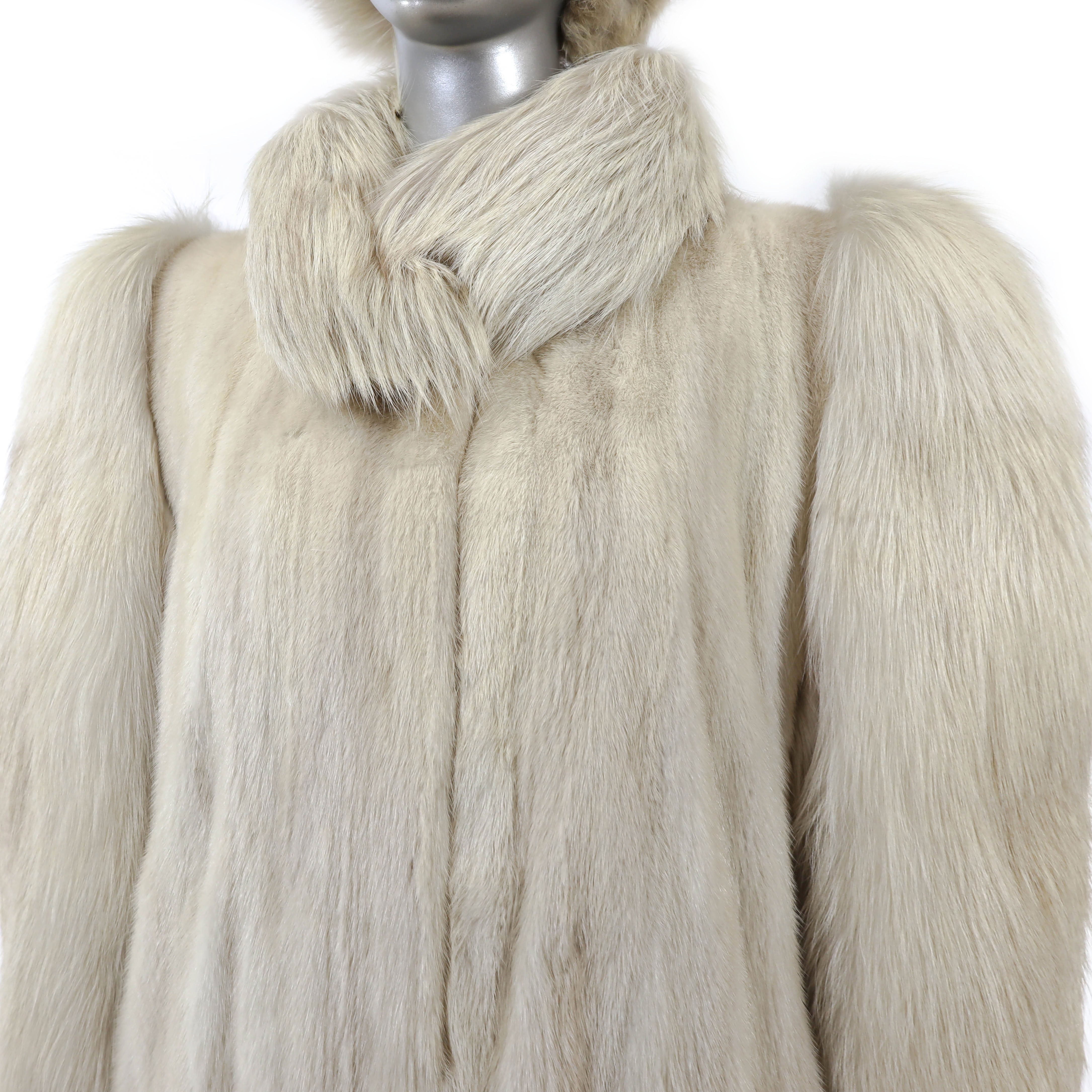 Beige Mink Coat with Fox and Matching Headband- Size L – VintageFurs