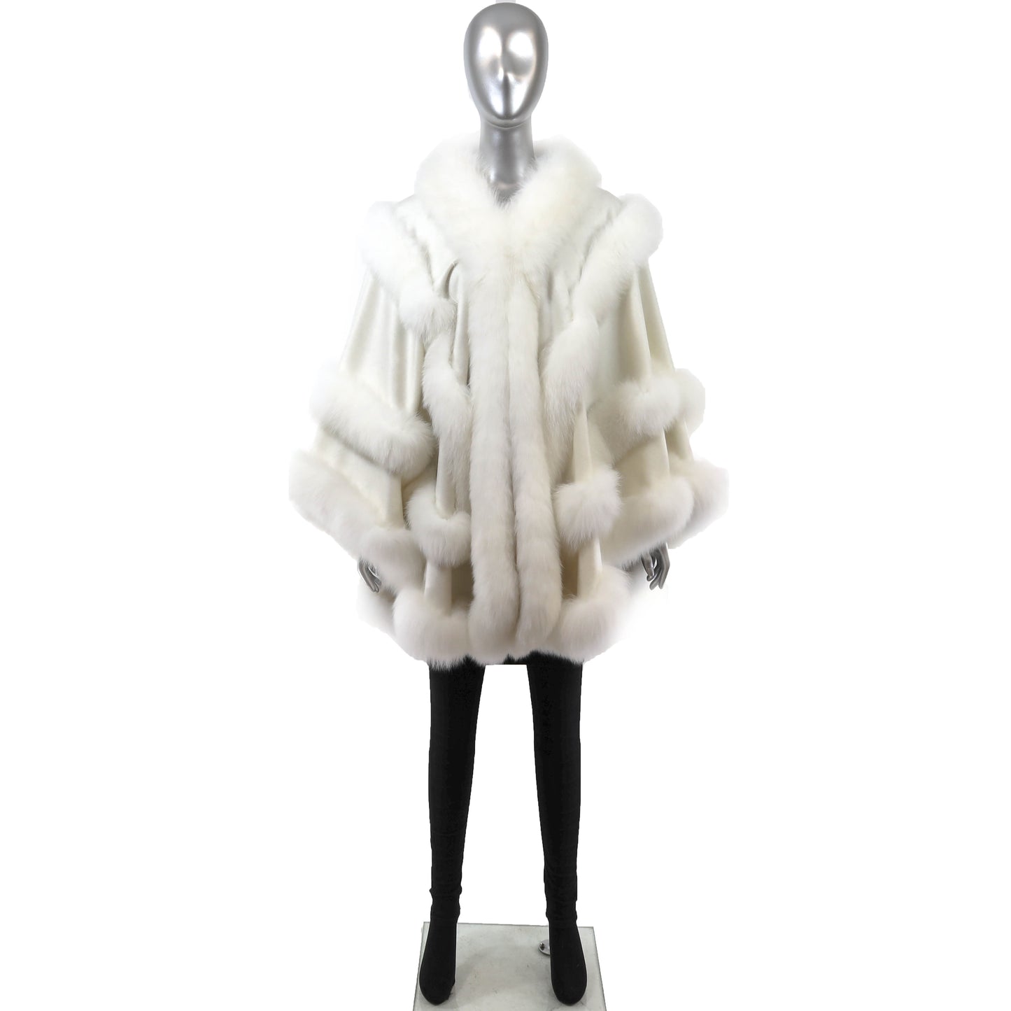 White Cashmere Cape with Fox Trim- Size Free