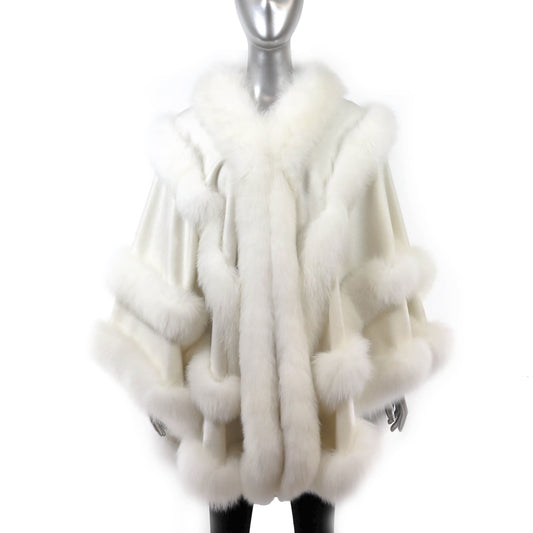 White Cashmere Cape with Fox Trim- Size Free