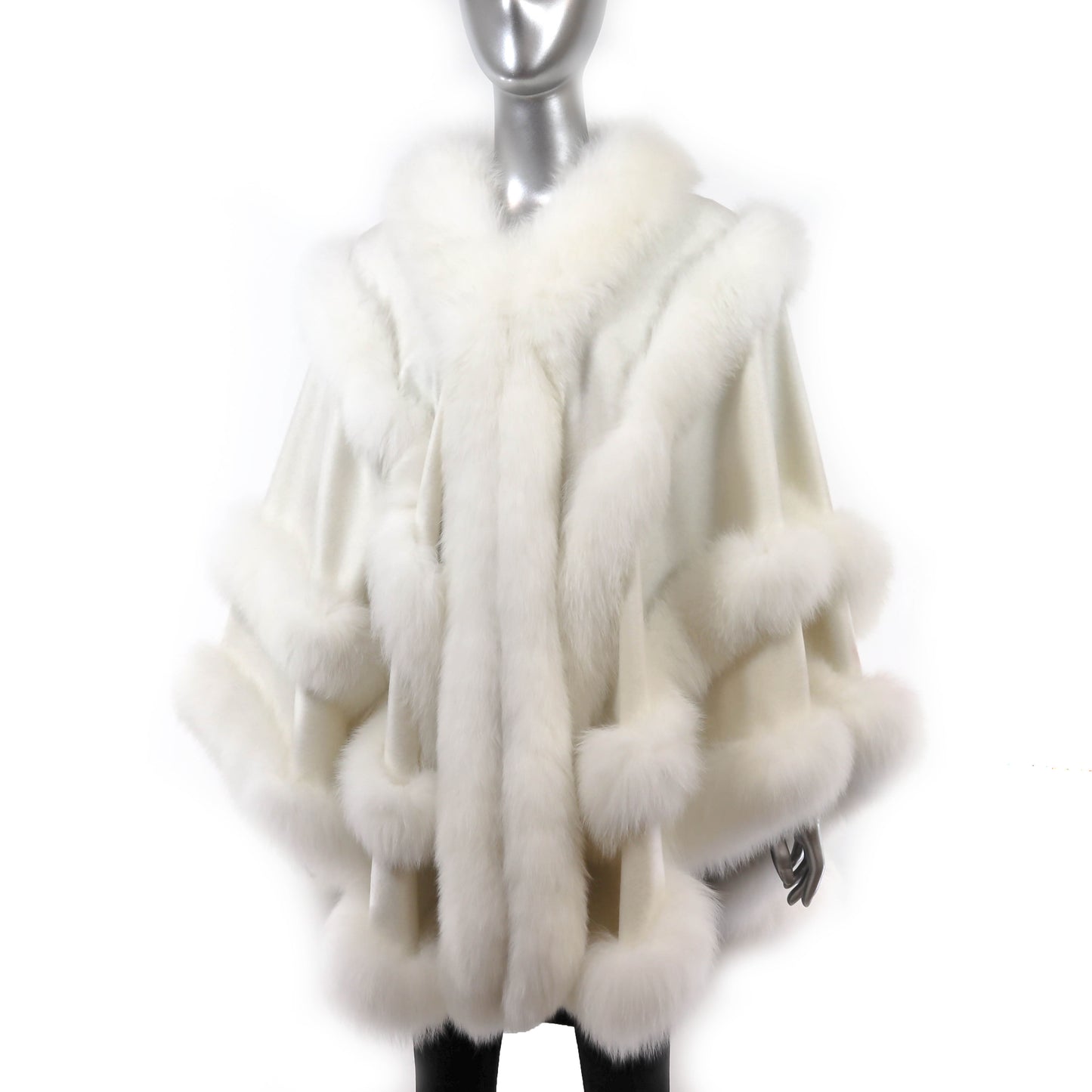 White Cashmere Cape with Fox Trim- Size Free