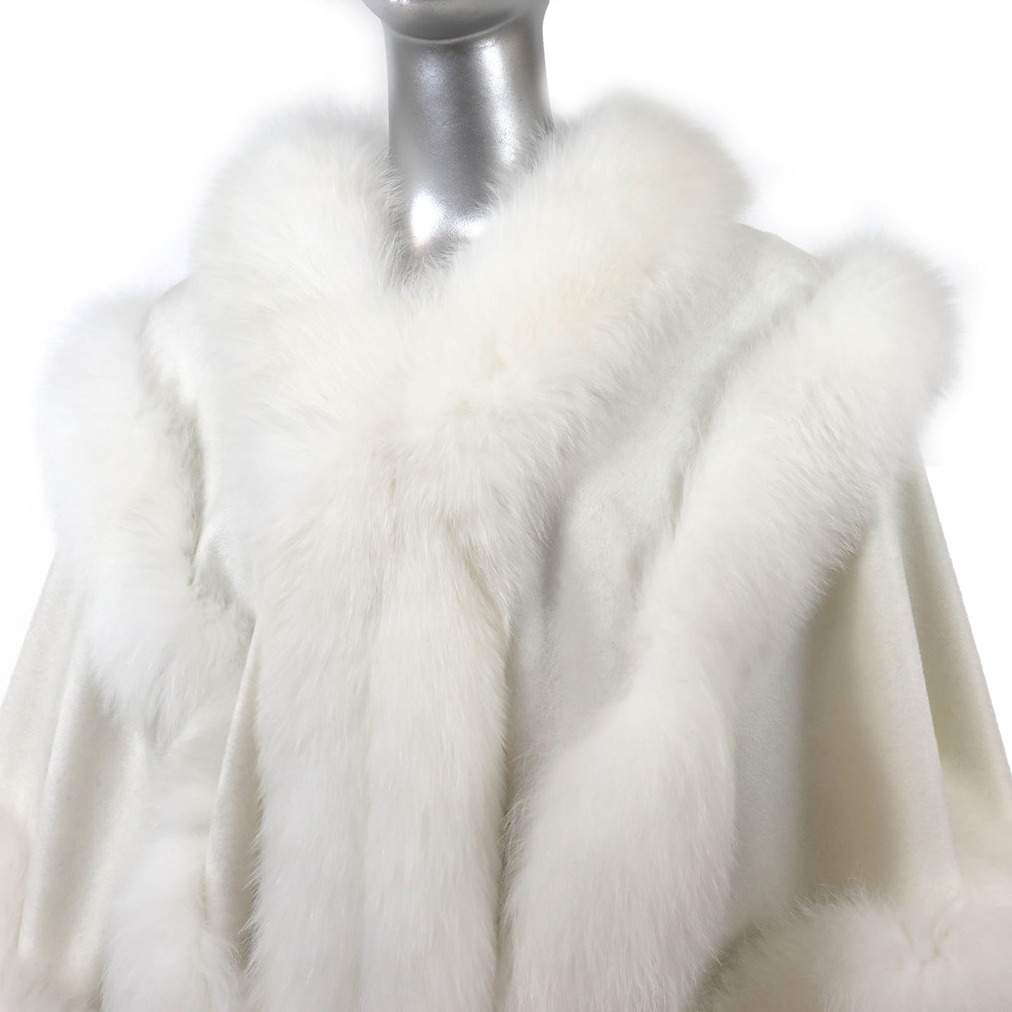 White Cashmere Cape with Fox Trim- Size Free