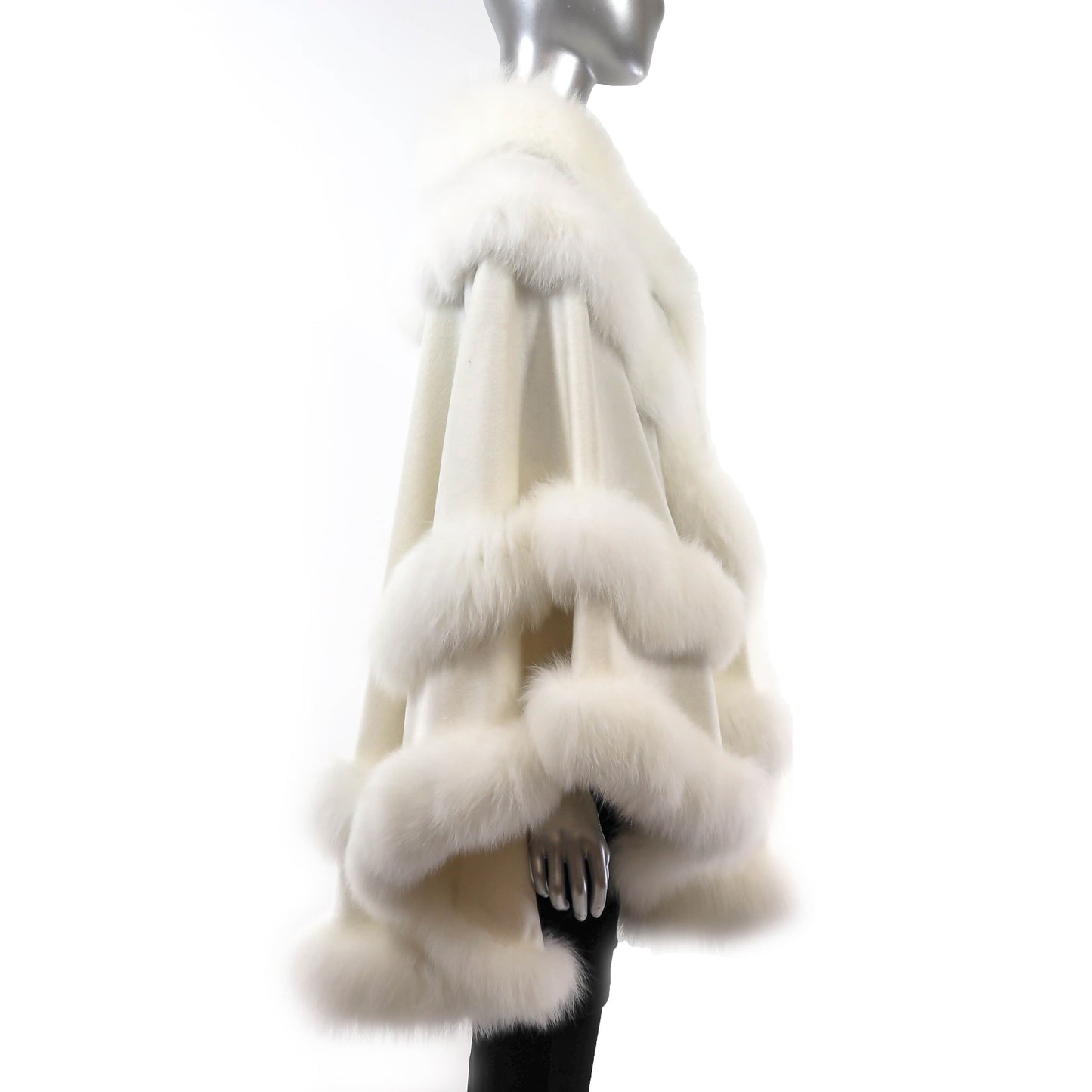 White Cashmere Cape with Fox Trim- Size Free