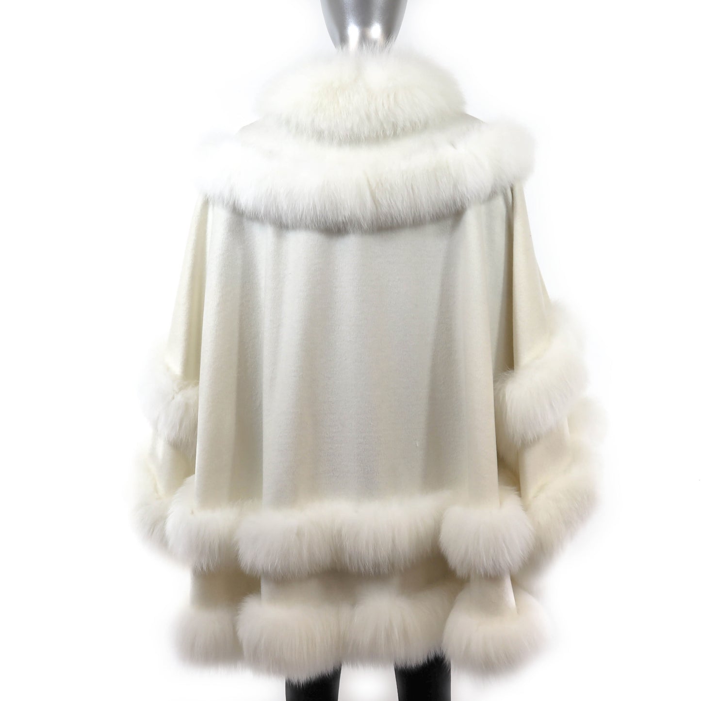 White Cashmere Cape with Fox Trim- Size Free
