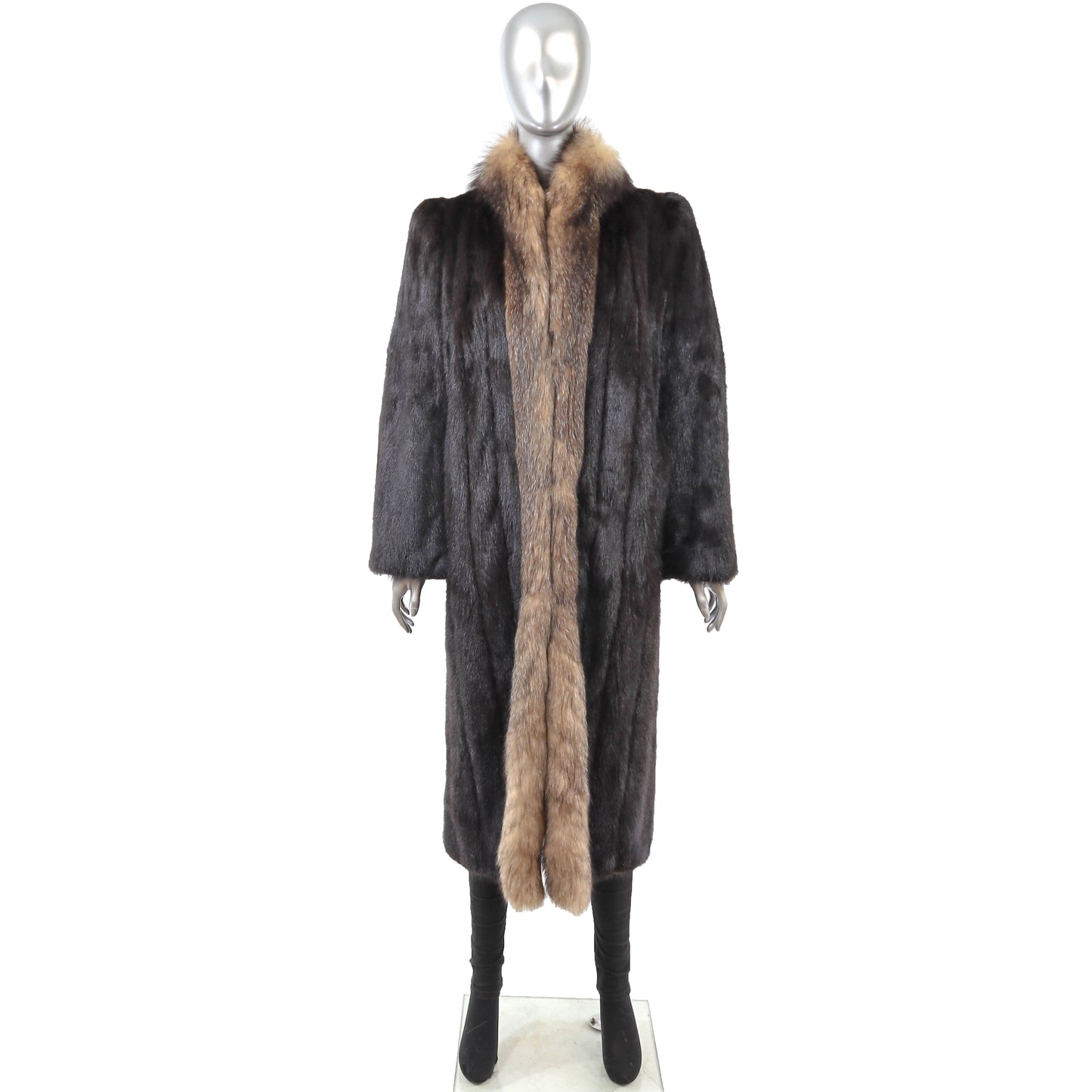 Dark Brown Mink Coat with Fox Tuxedo- Size M