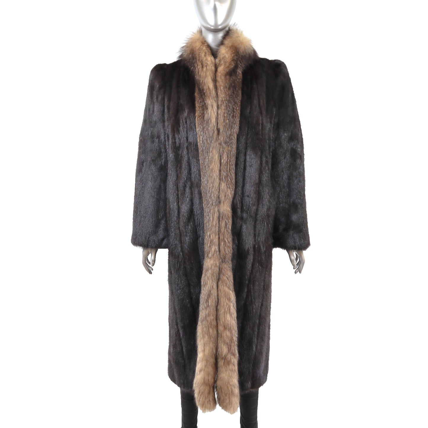 Dark Brown Mink Coat with Fox Tuxedo- Size M