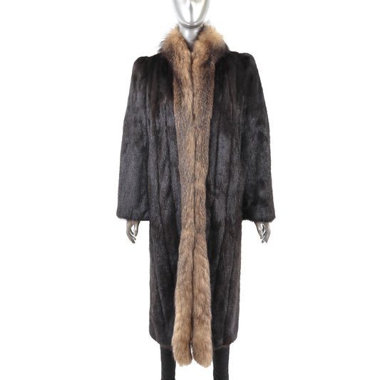 Dark Brown Mink Coat with Fox Tuxedo- Size M