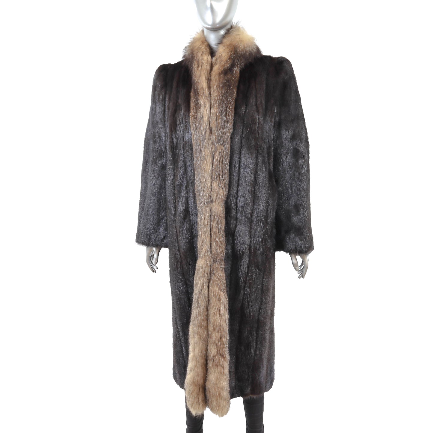 Dark Brown Mink Coat with Fox Tuxedo- Size M