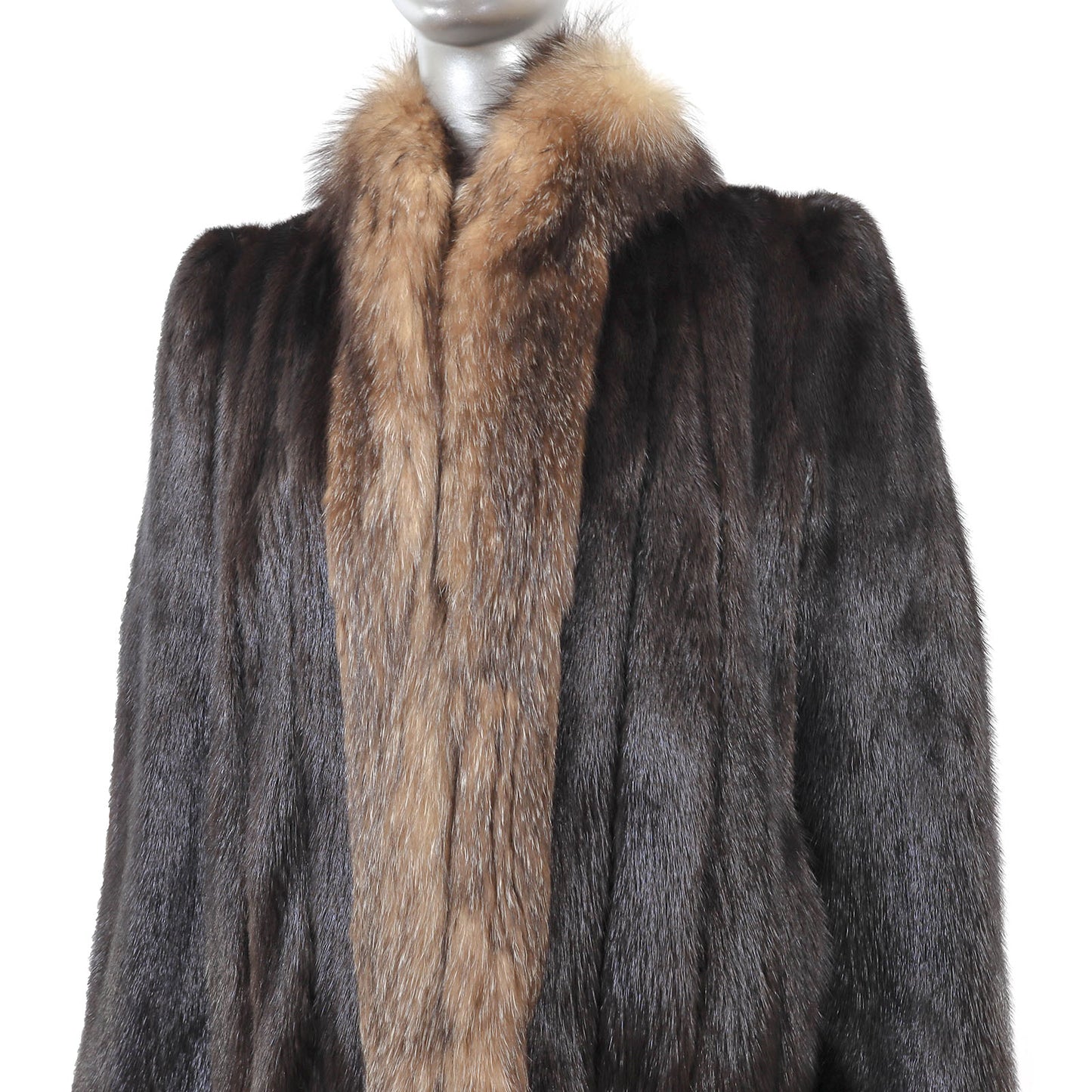 Dark Brown Mink Coat with Fox Tuxedo- Size M