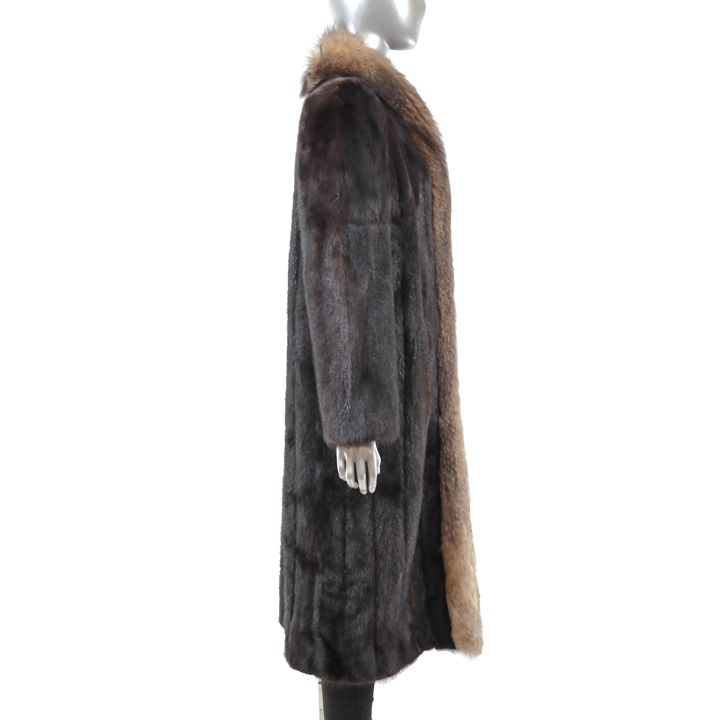 Dark Brown Mink Coat with Fox Tuxedo- Size M