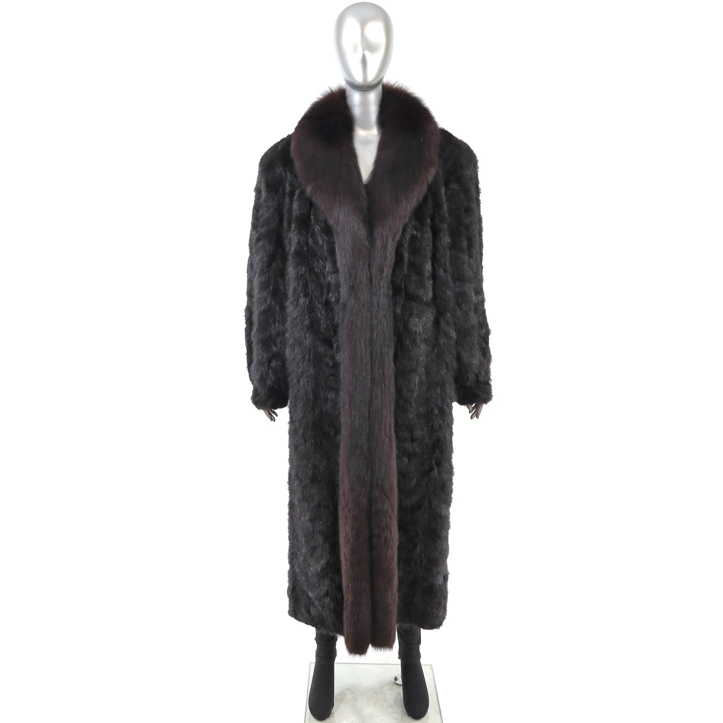 Black Section Mink Coat with Fox Tuxedo- Size XXL