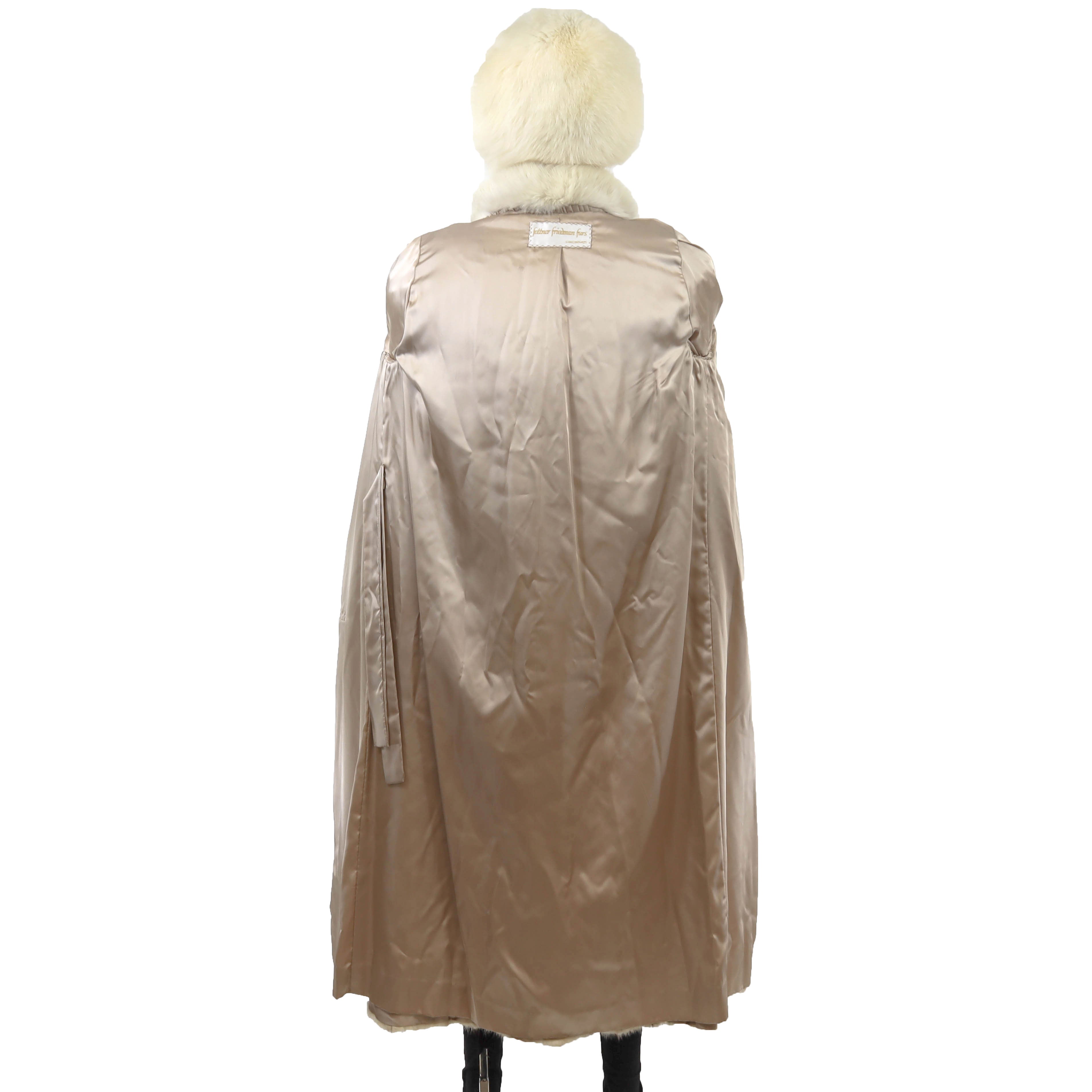 Ivory Hooded Mink Coat with Fox Tuxedo and Matching Hat- Size M