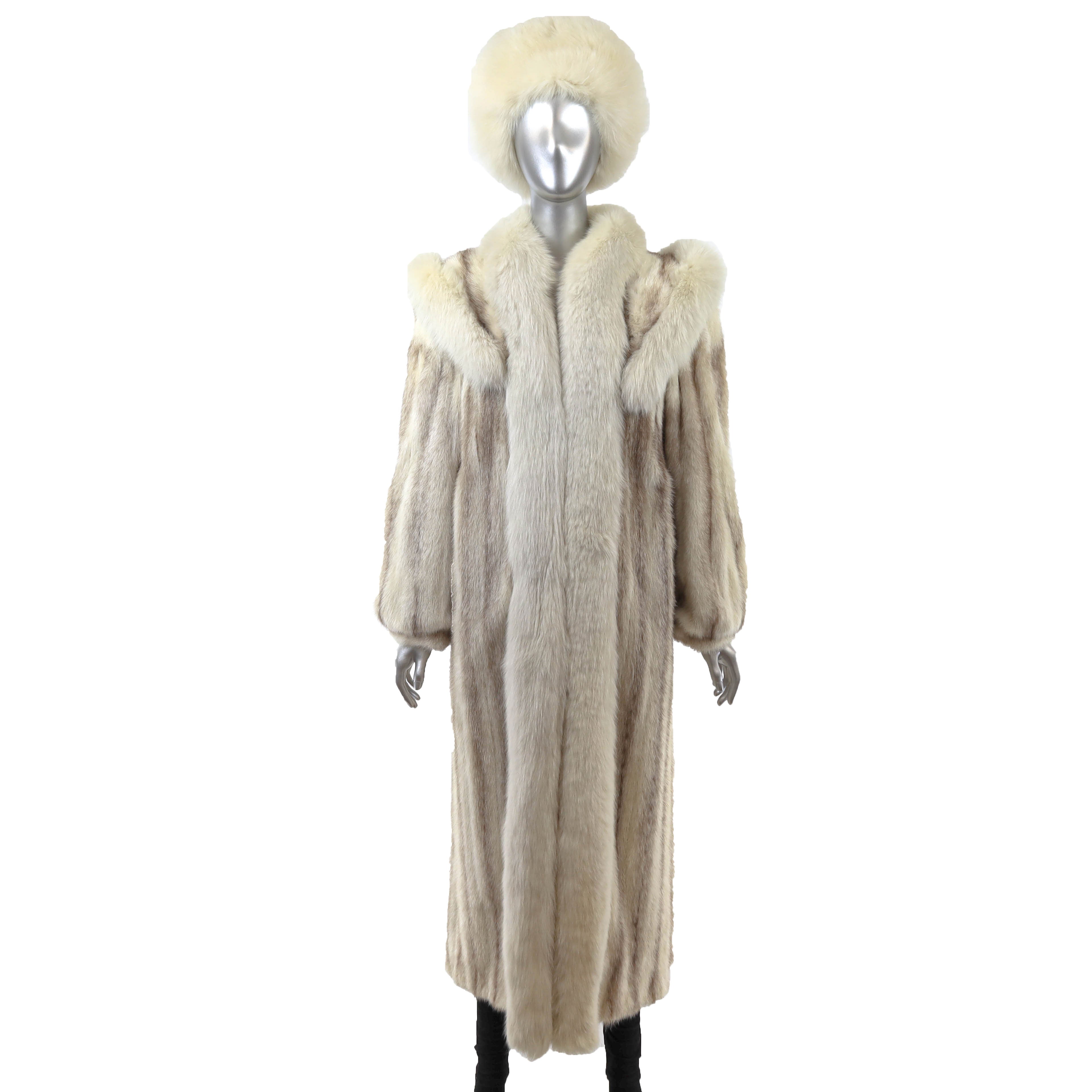 Ivory Hooded Mink Coat with Fox Tuxedo and Matching Hat- Size M