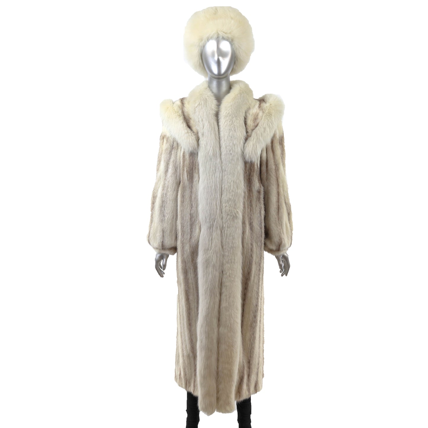 Ivory Hooded Mink Coat with Fox Tuxedo and Matching Hat- Size M