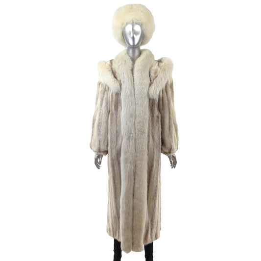 Ivory Hooded Mink Coat with Fox Tuxedo and Matching Hat- Size M