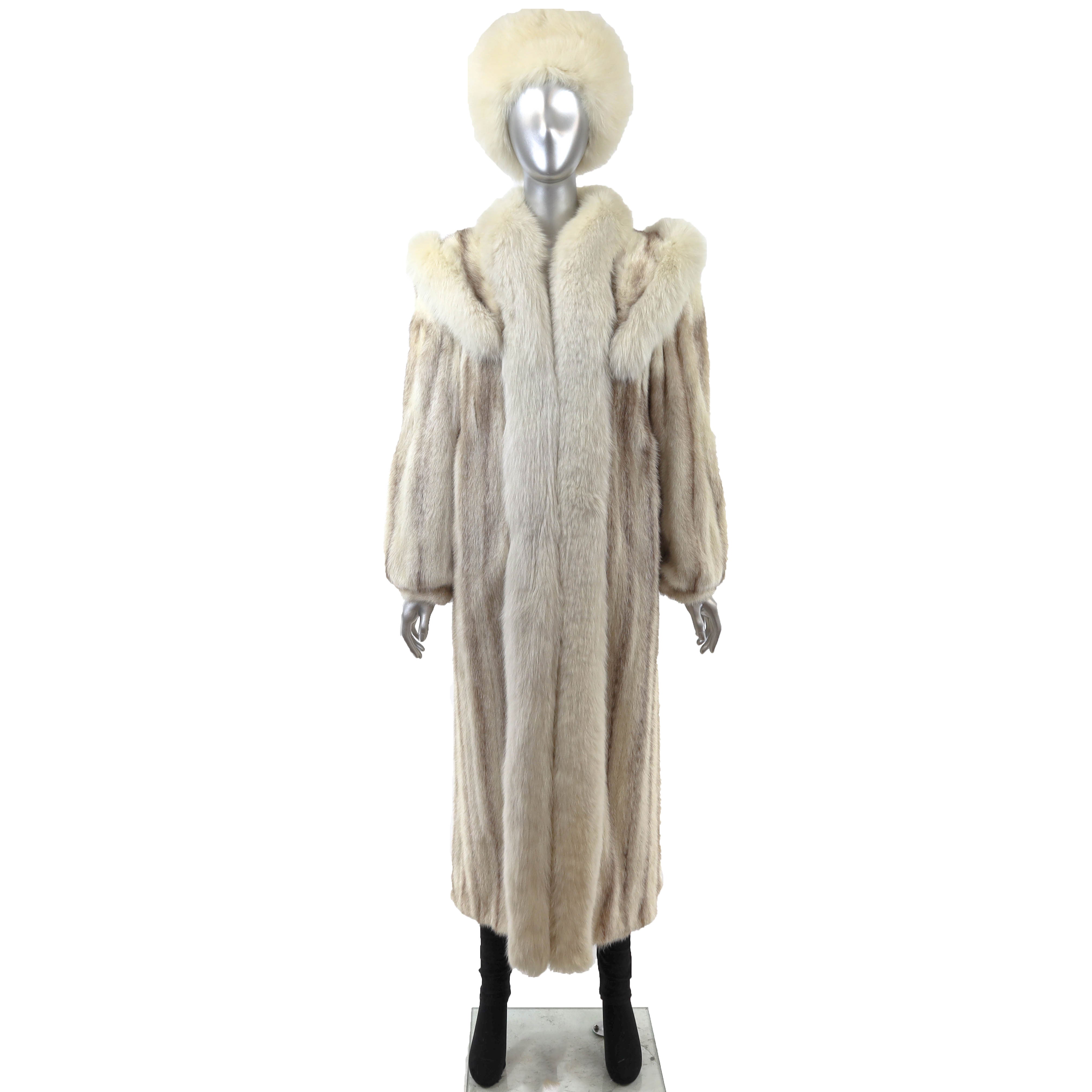 Ivory Hooded Mink Coat with Fox Tuxedo and Matching Hat- Size M